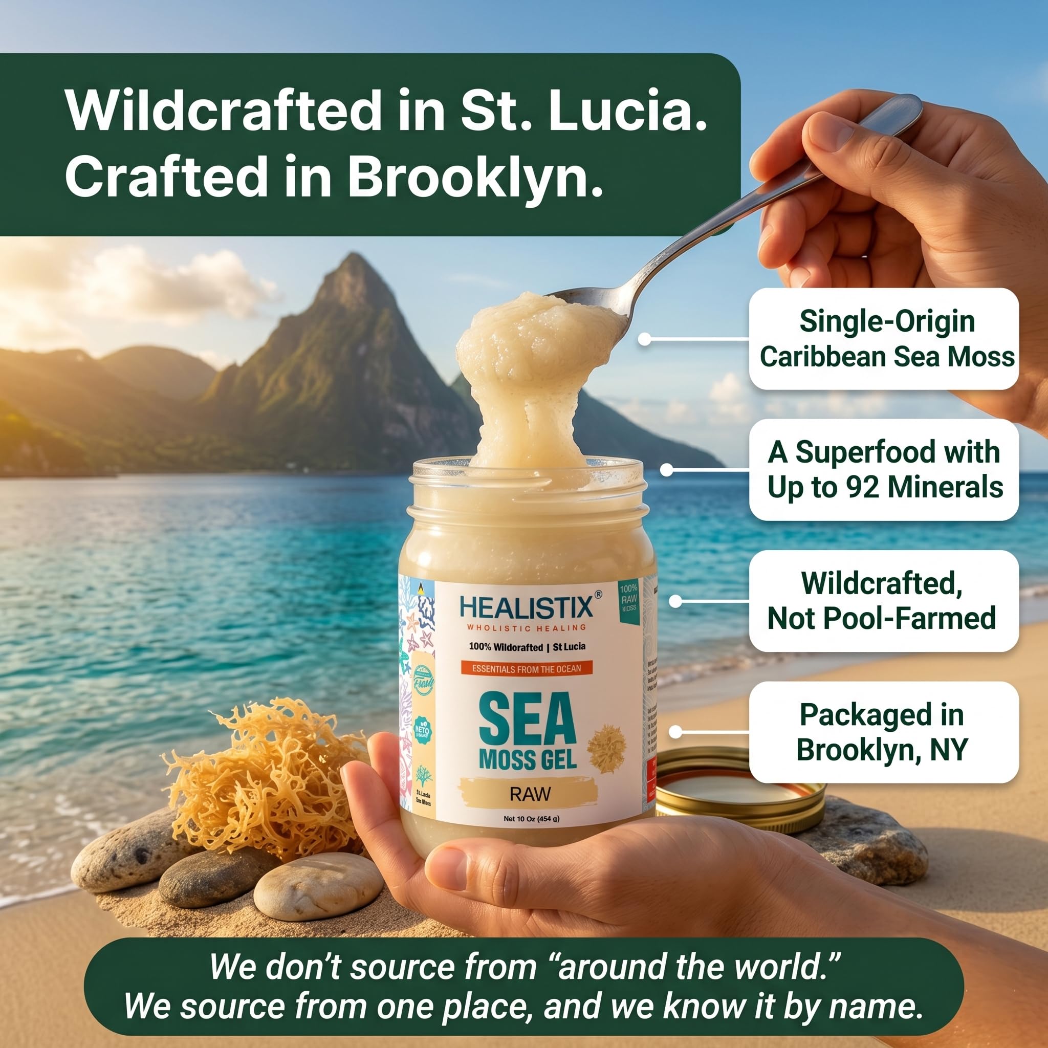 HX HEALISTIX ingredient label close-up showing wildcrafted St. Lucia source benefit