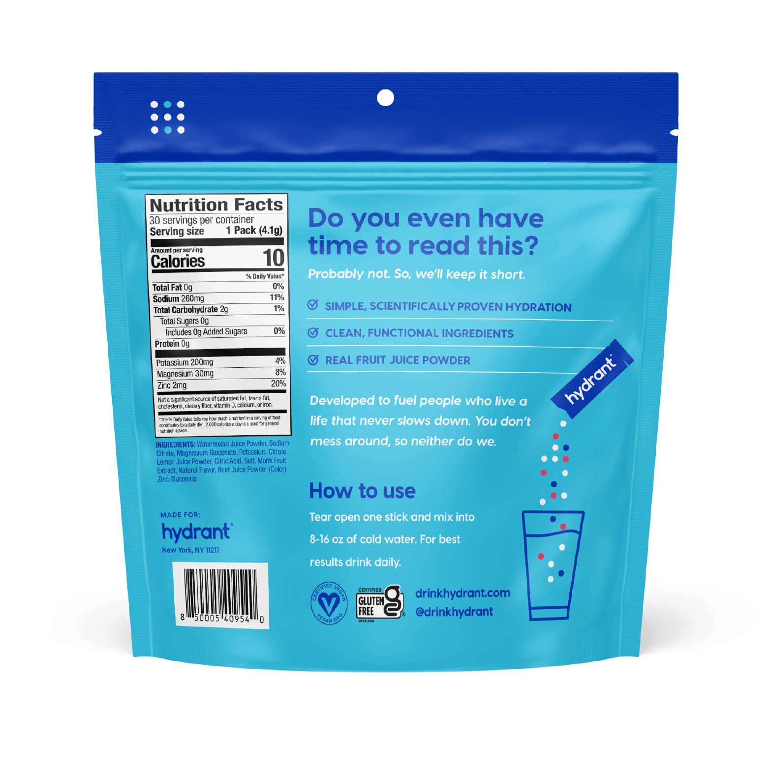 HYDRANT stick packet in hand for scale showing portable convenience