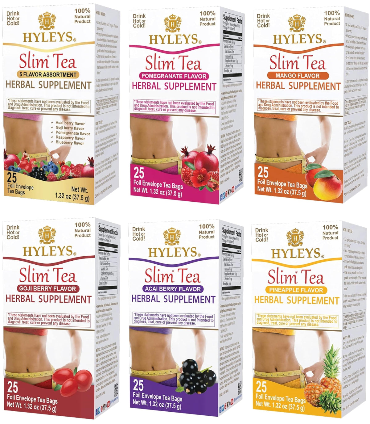 HYLEYS front packaging showing six-flavor slim tea variety, clear contents and benefits