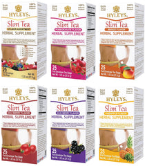 HYLEYS front packaging showing six-flavor slim tea variety, clear contents and benefits