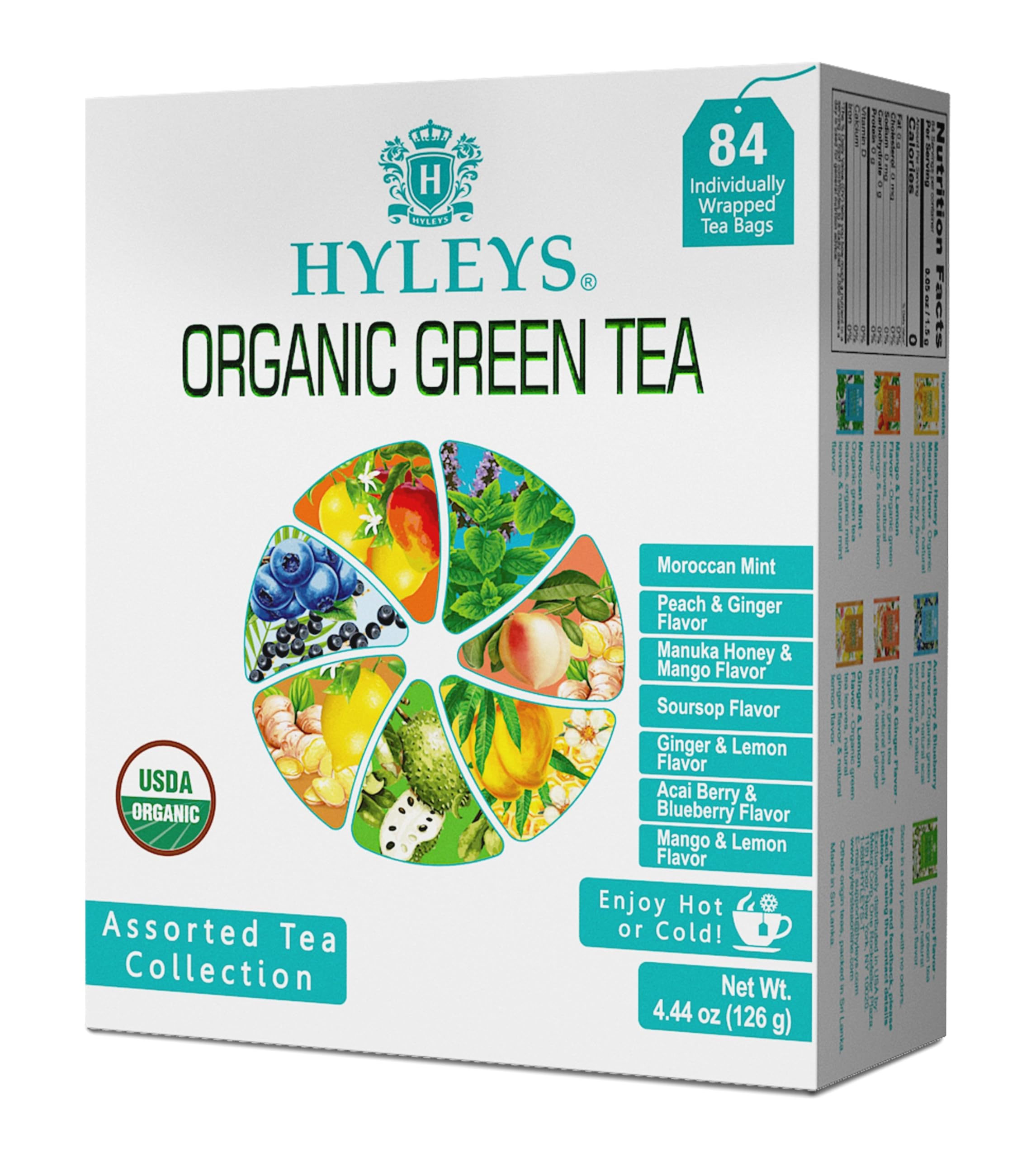 HYLEYS front packaging showing the seven-flavor assortment and organic badge for easy selection