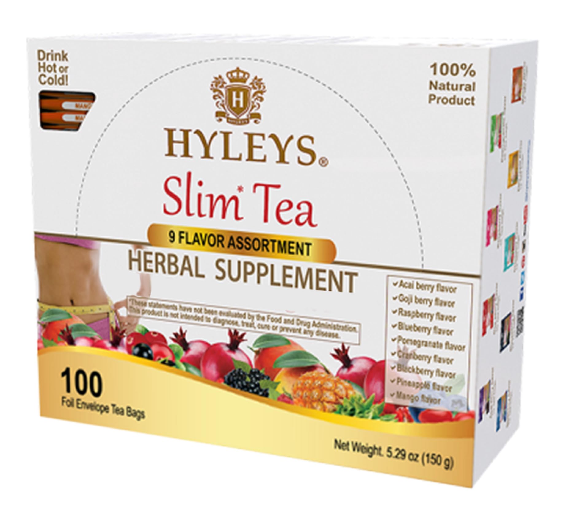HYLEYS front packaging showing 9-flavor slim tea variety and 100 bags for convenience