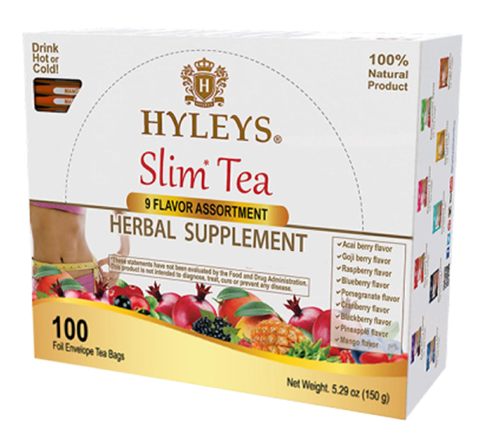 HYLEYS front packaging showing 9-flavor slim tea variety and 100 bags for convenience