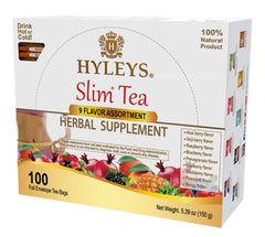 HYLEYS front packaging showing 9-flavor slim tea variety and 100 bags for convenience