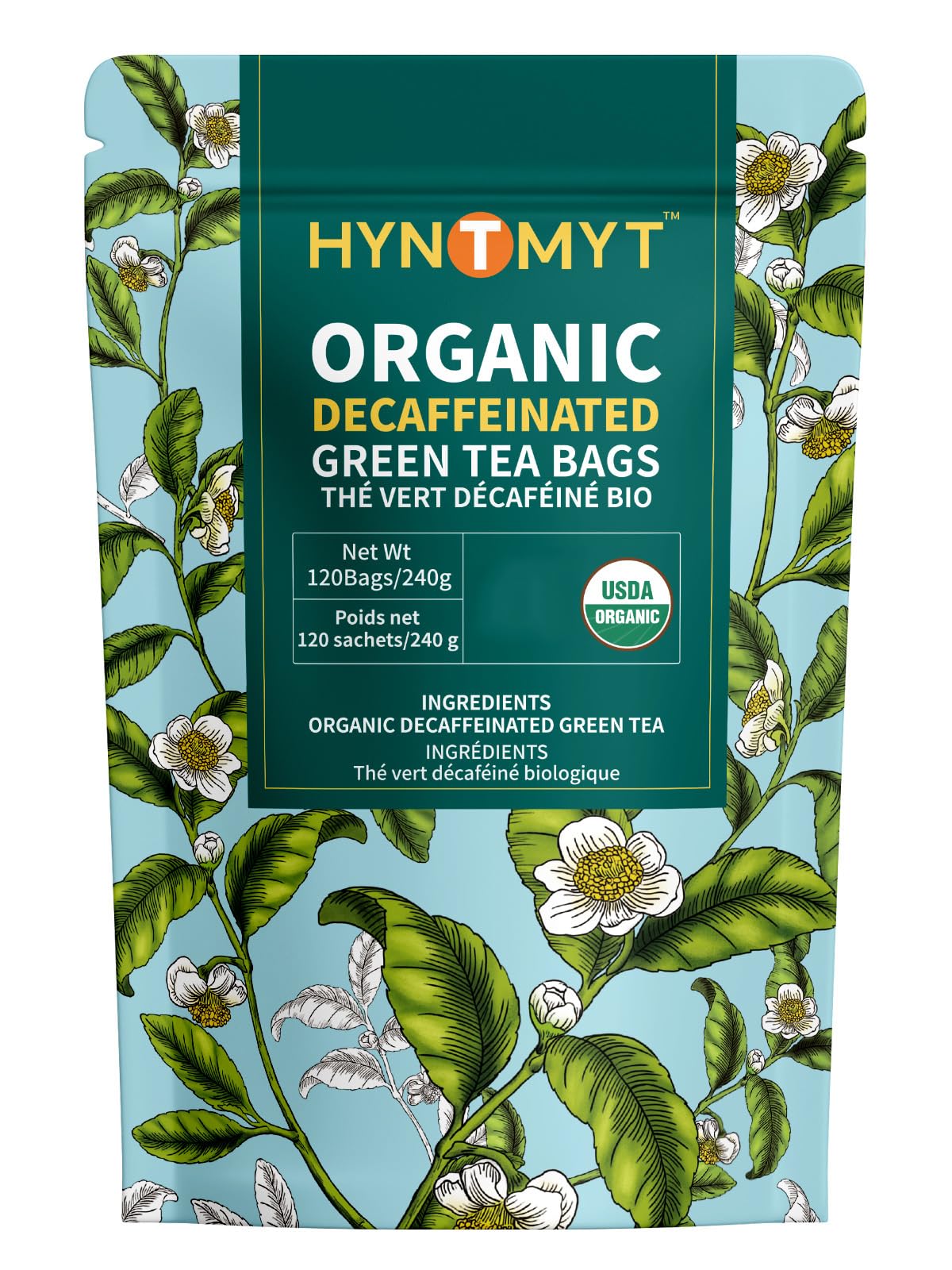 HYNTMYT front pouch showing decaffeinated organic green tea benefits