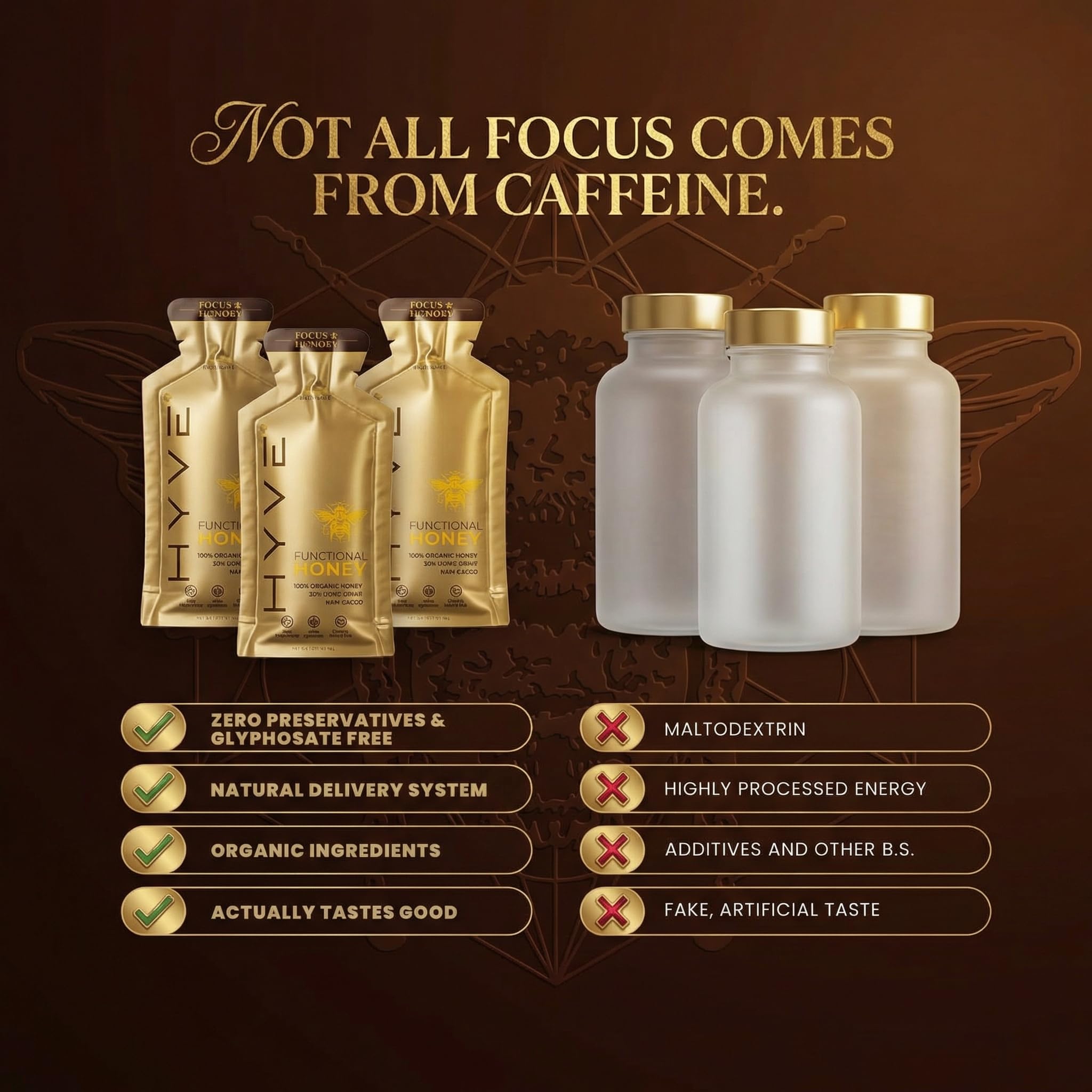 HYVE Mind packet stirred into coffee illustrating easy beverage integration