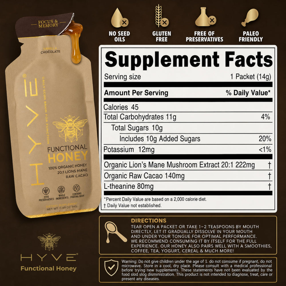 HYVE Mind packet opened on a spoon ready to mix for quick use