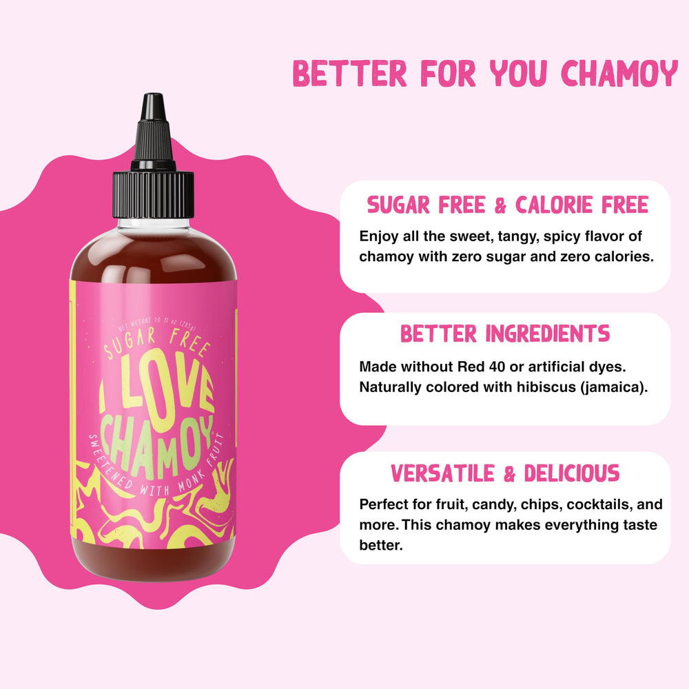 I Love Chamoy bottle beside fresh mangoes illustrating fruit pairing and flavor boost