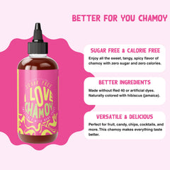 I Love Chamoy bottle beside fresh mangoes illustrating fruit pairing and flavor boost