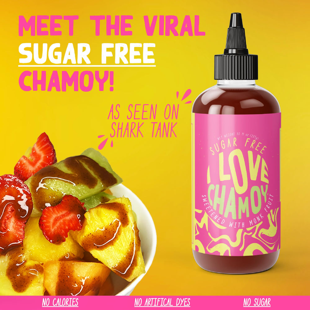 I Love Chamoy drizzled on mixed fruit bowl showing vibrant flavor without sugar