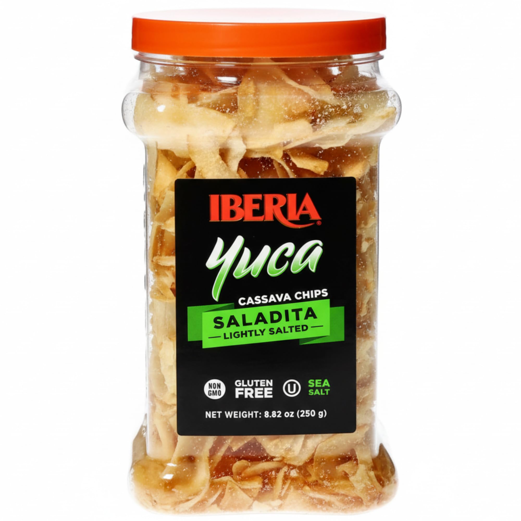 Iberia jar of cassava chips showing packaging and long-lasting freshness