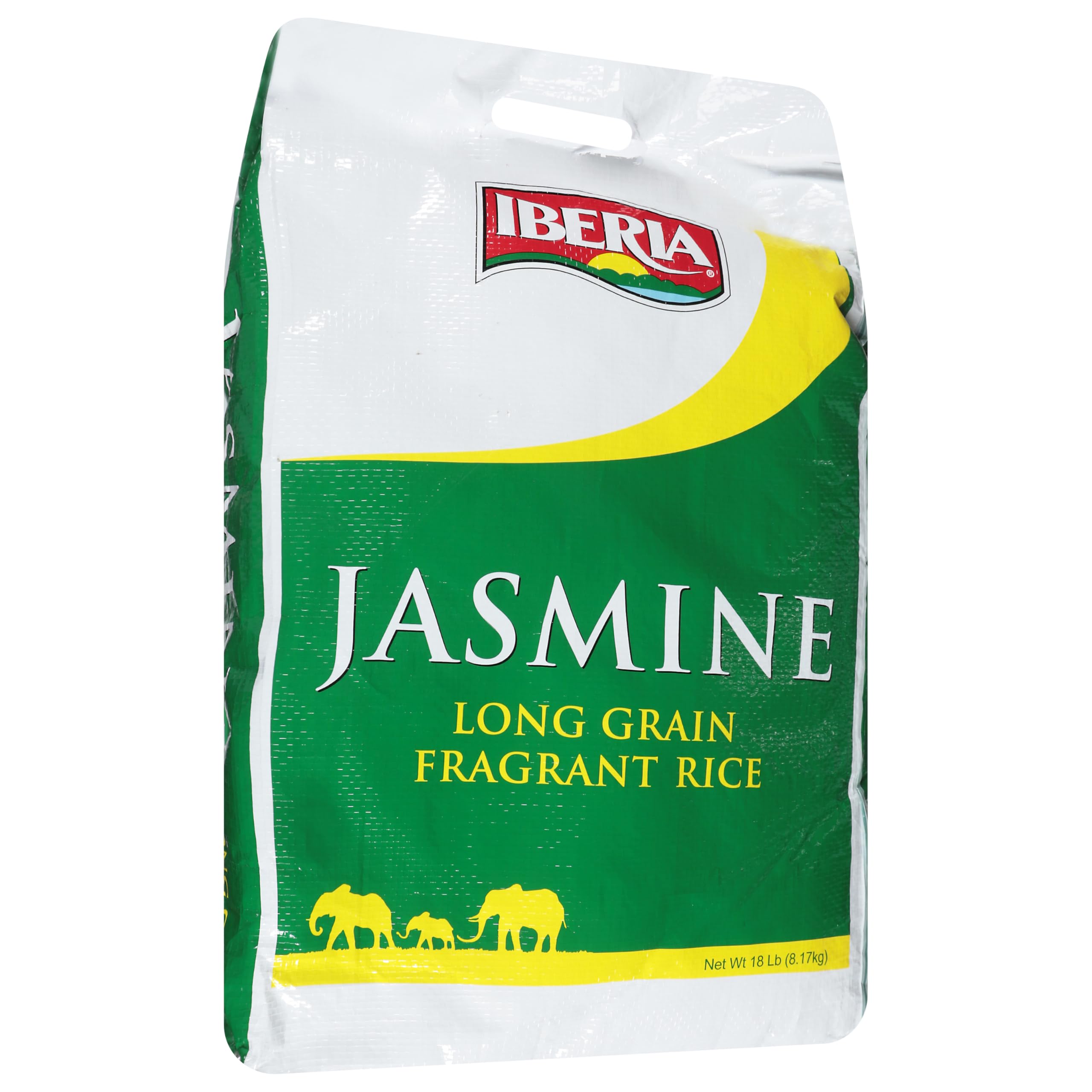 Iberia jasmine front packaging showing 18 lb bag and clear label, reliable pantry staple
