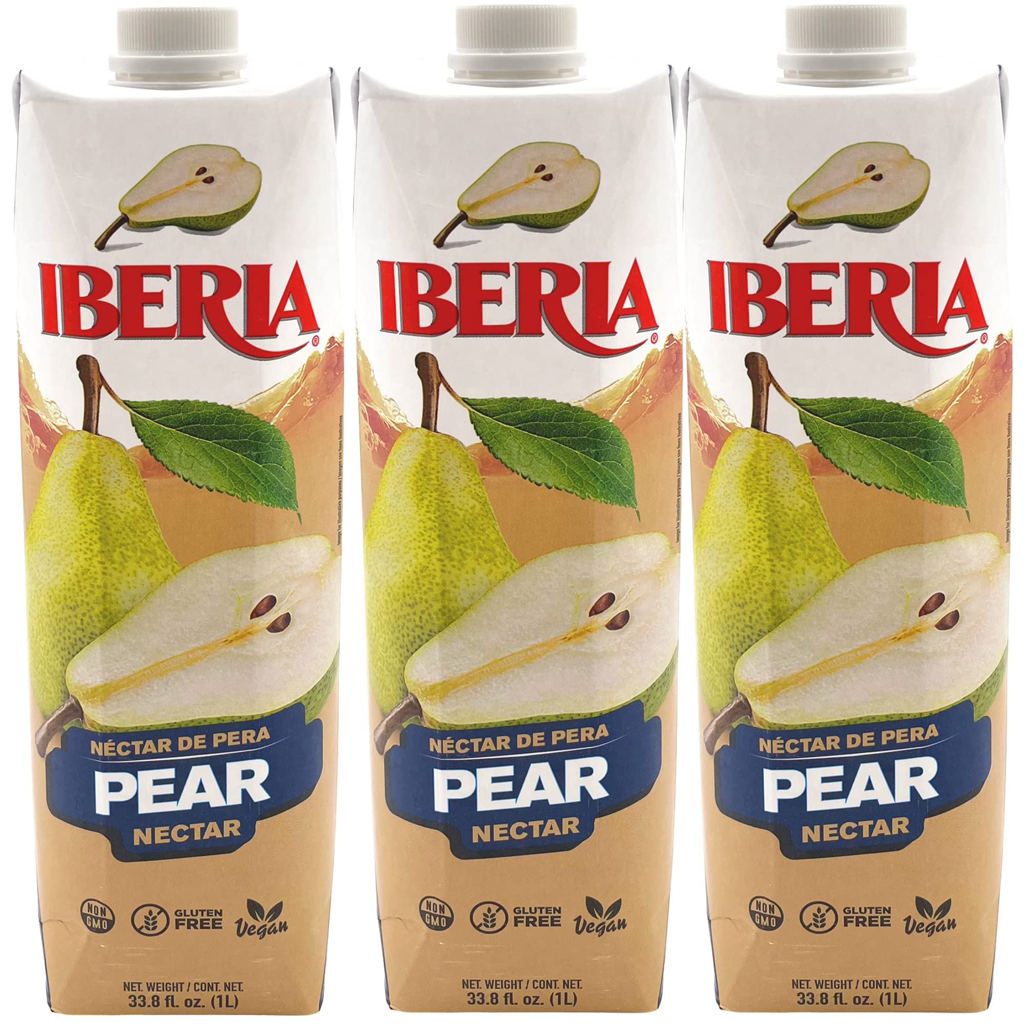 Iberia pear nectar front bottle showing label and serving suggestion, refreshing at home