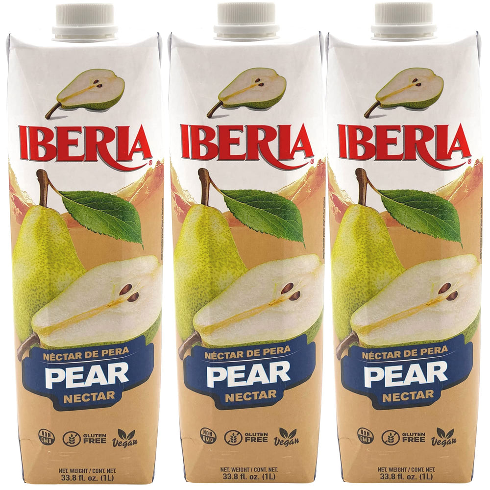 Iberia pear nectar front bottle showing label and serving suggestion, refreshing at home