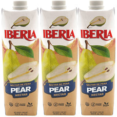 Iberia pear nectar front bottle showing label and serving suggestion, refreshing at home