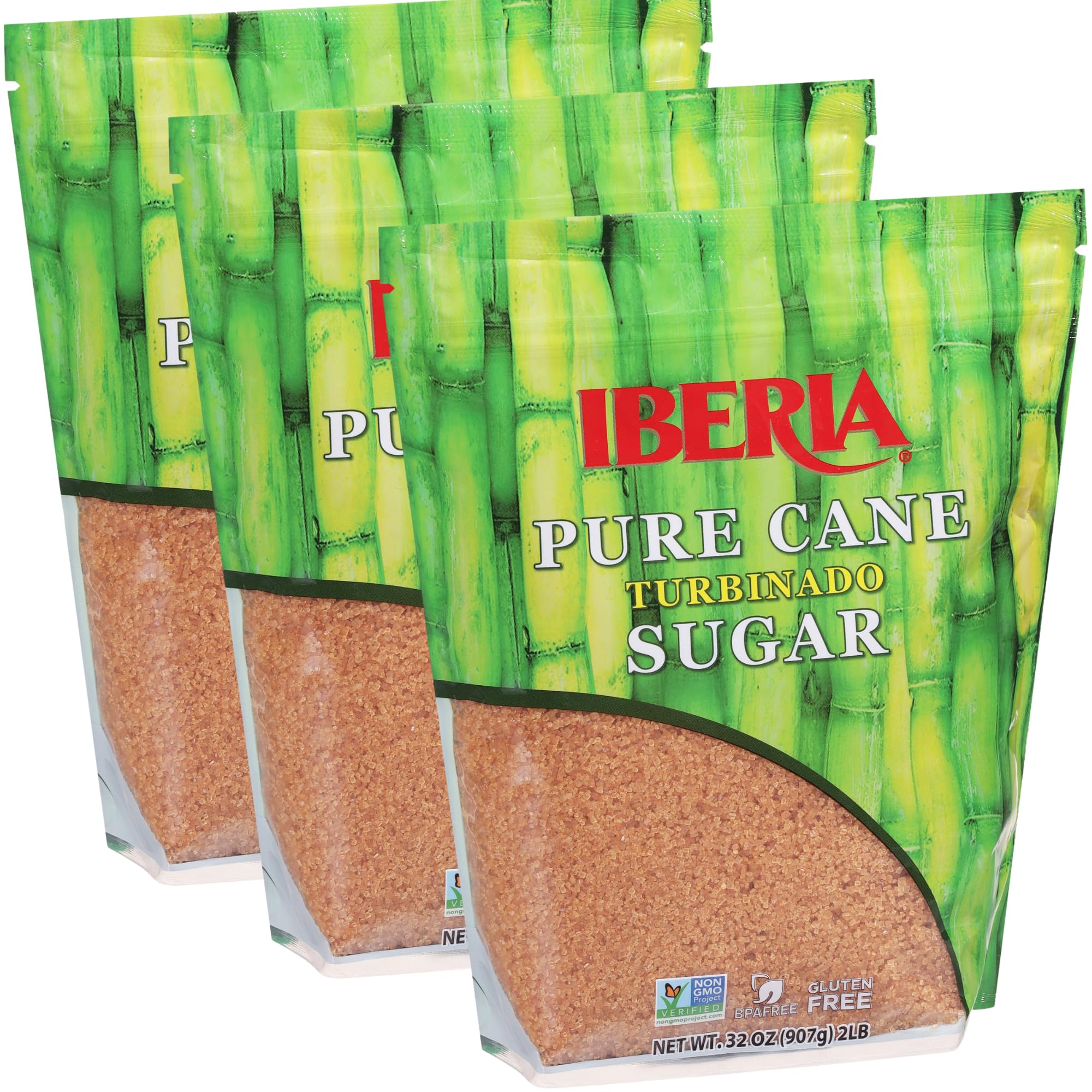Iberia turbinado front packaging showing three 2 lb bags for pantry convenience