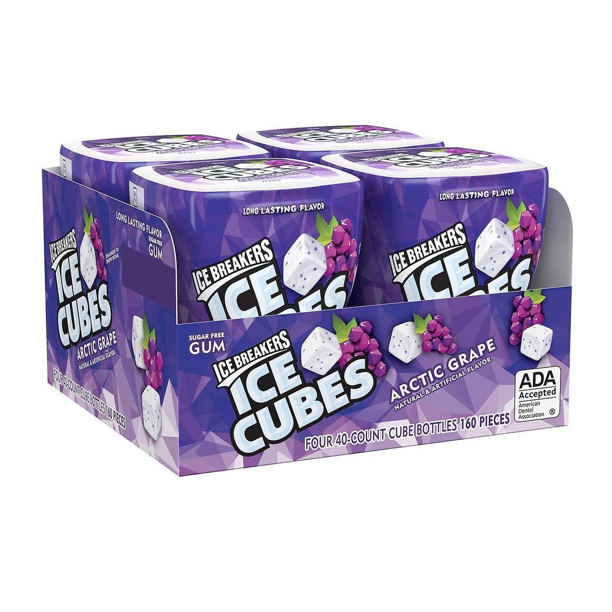 Ice Breakers bottle front showing Arctic Grape cubes and easy cup-holder fit for fresh breath