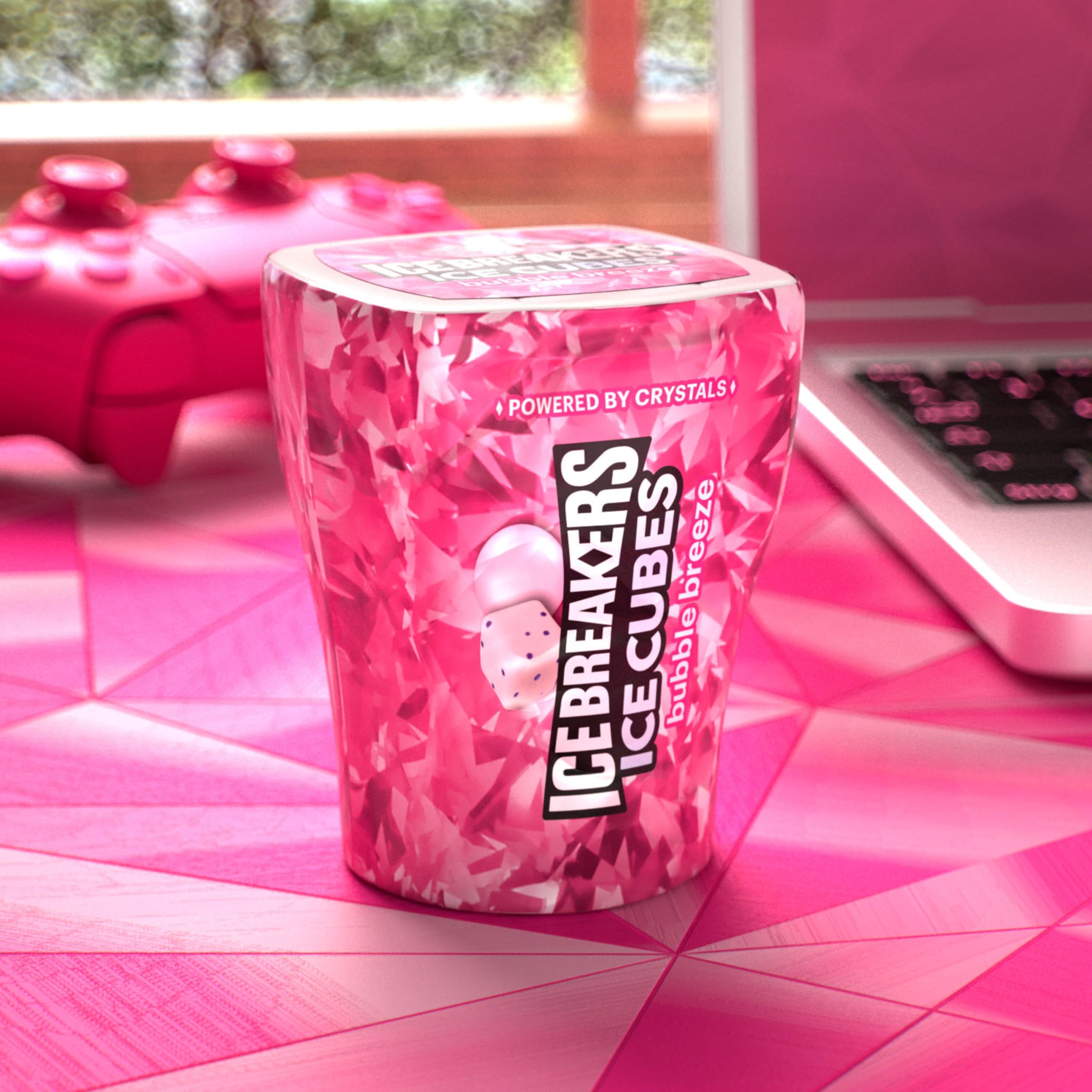 Ice Breakers bottle placed in car cup holder for on-the-go freshness