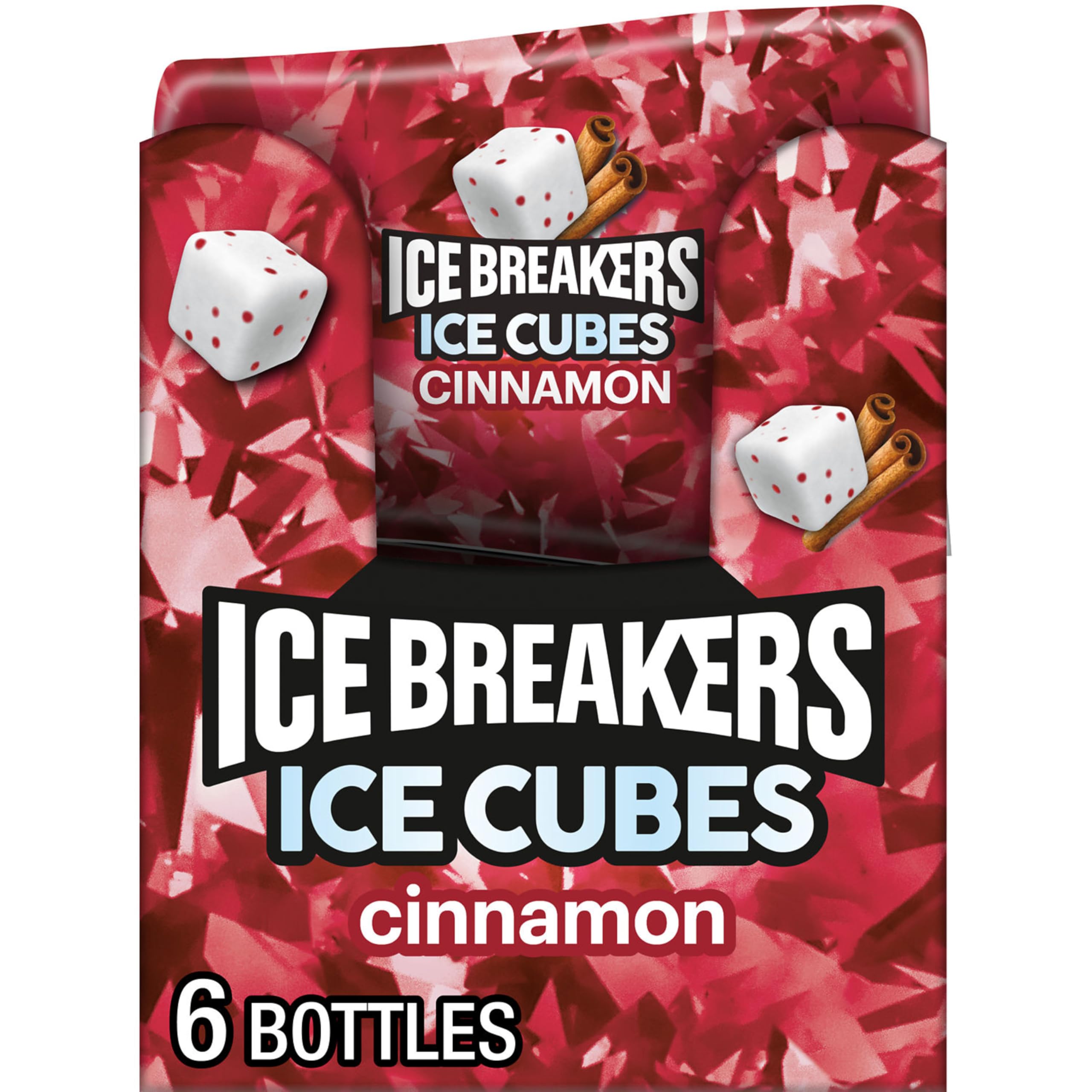 Ice Breakers front packaging showing six cinnamon gum bottles and bold branding benefit convenience
