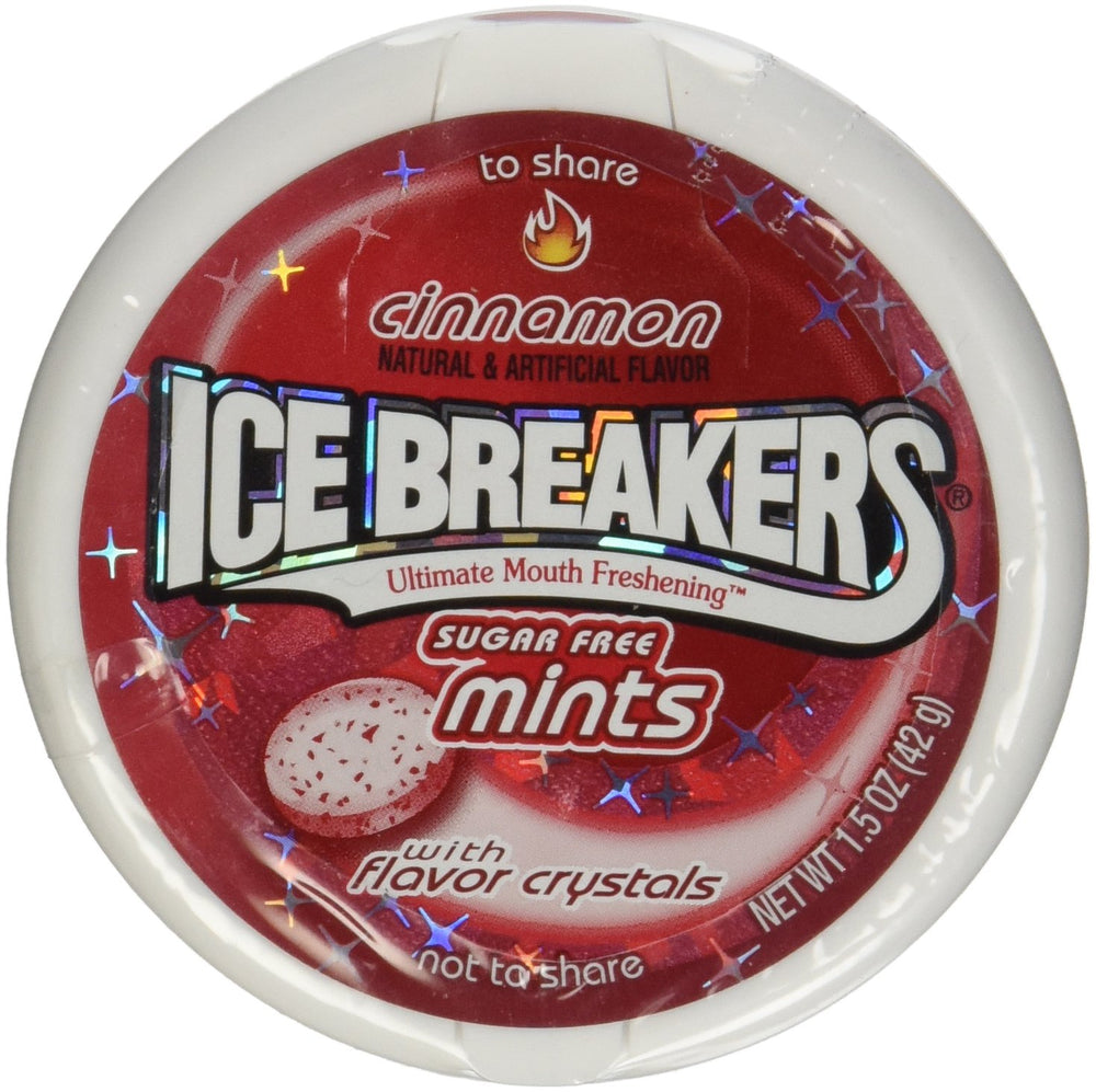 Ice Breakers tin front view showing brand and compact portability benefit
