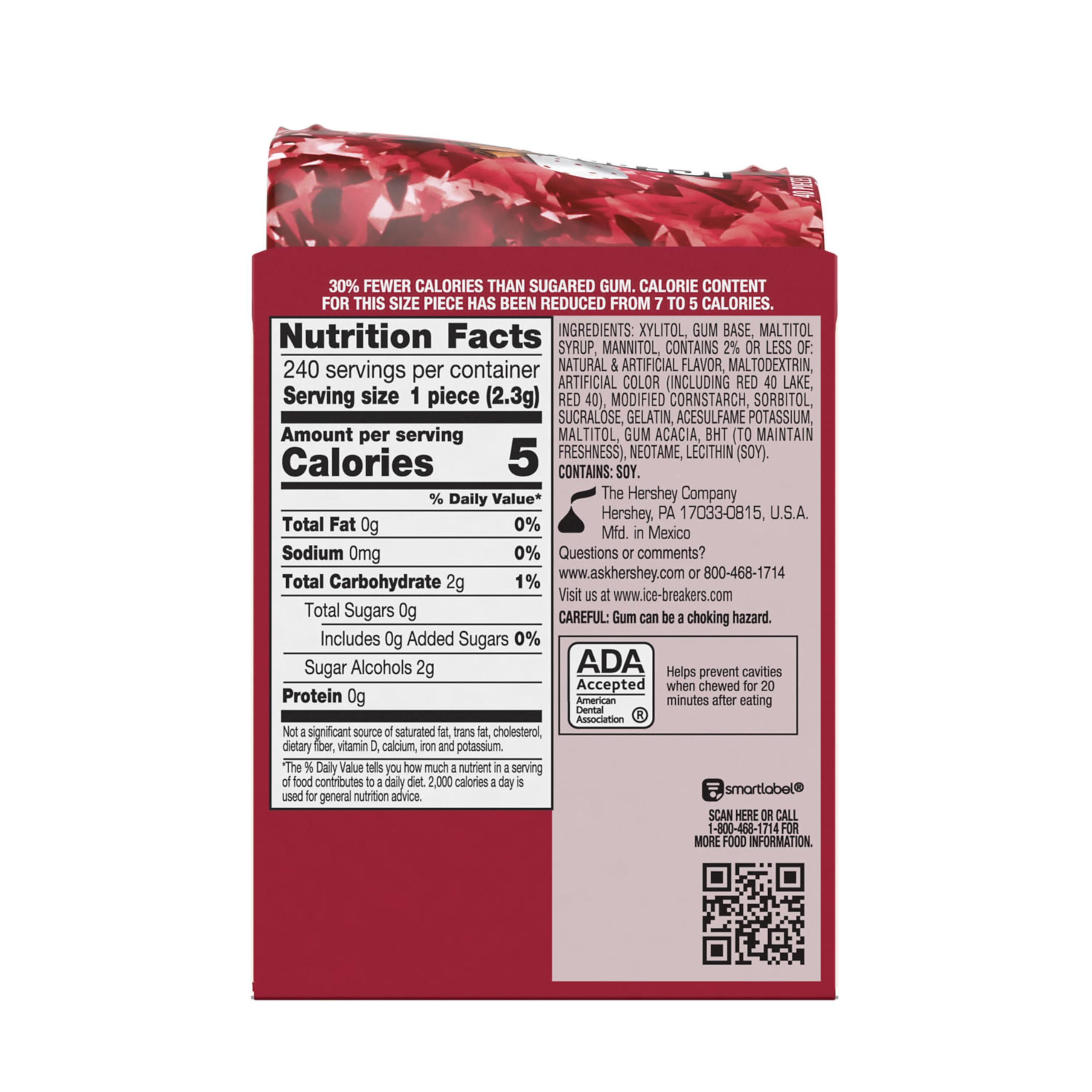Ice Breakers nutrition label and ingredients panel showing sugar-free info and clear product facts benefit