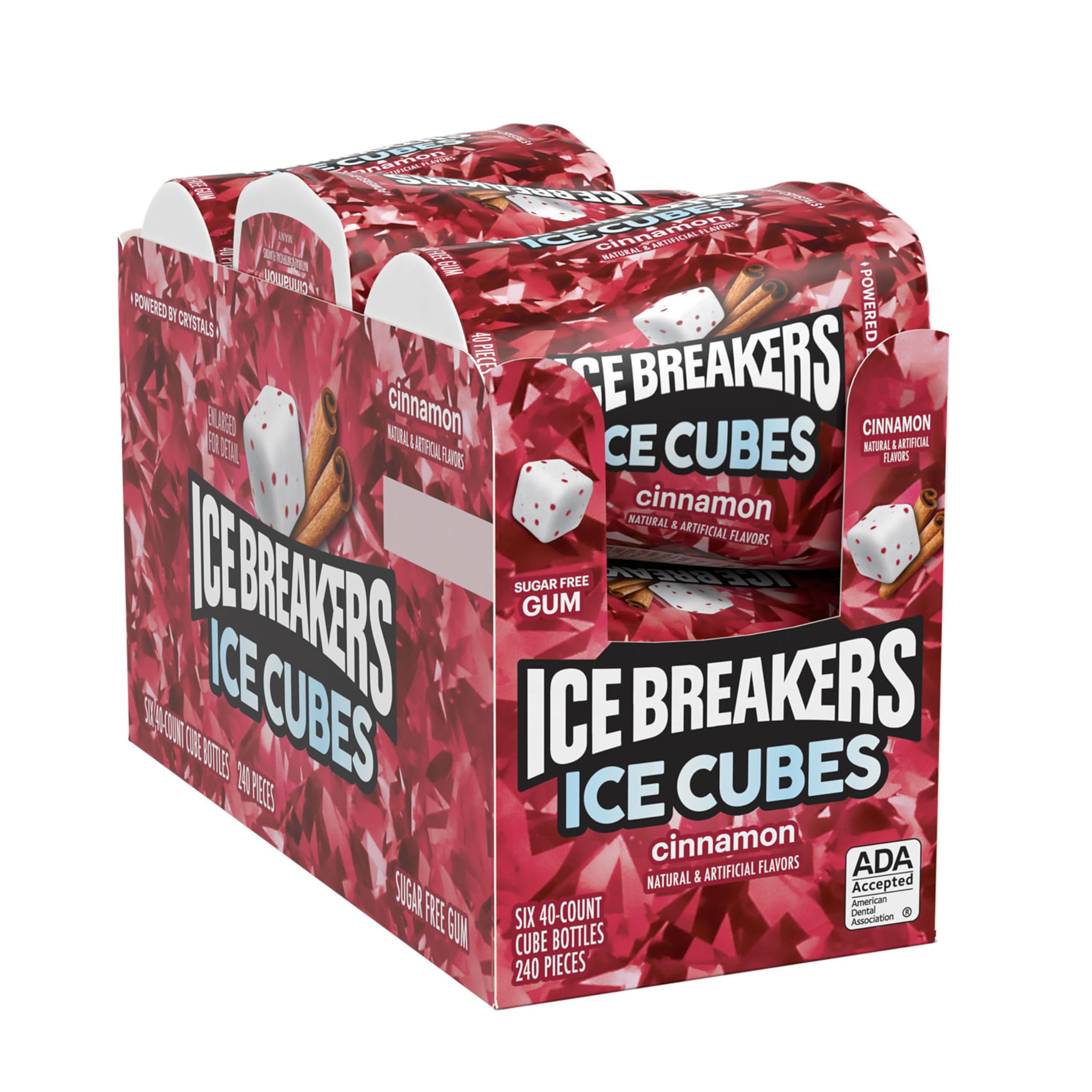 Ice Breakers bottle open with a cube being dispensed for quick access and portability benefit