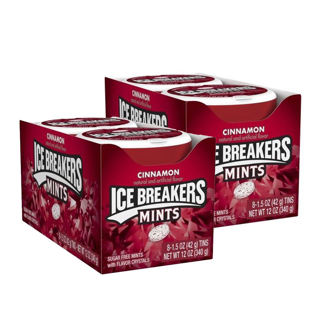 Ice Breakers cinnamon open tin dispensing mints for easy one-hand use