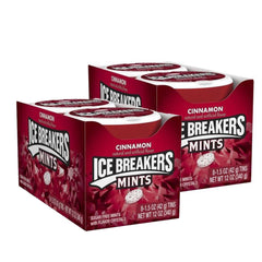Ice Breakers cinnamon open tin dispensing mints for easy one-hand use