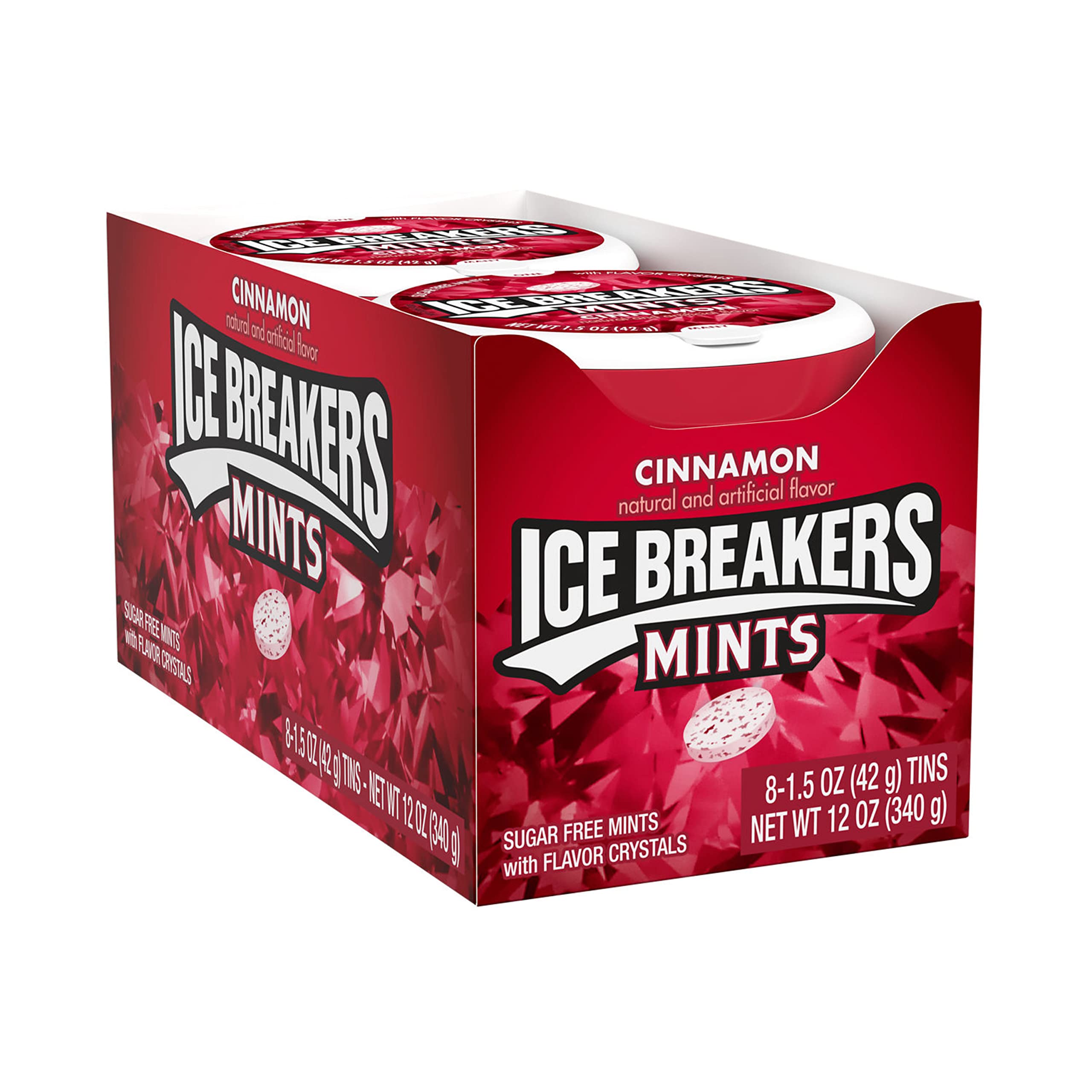Ice Breakers open tin revealing sugar-free mints ready to dispense for quick freshness