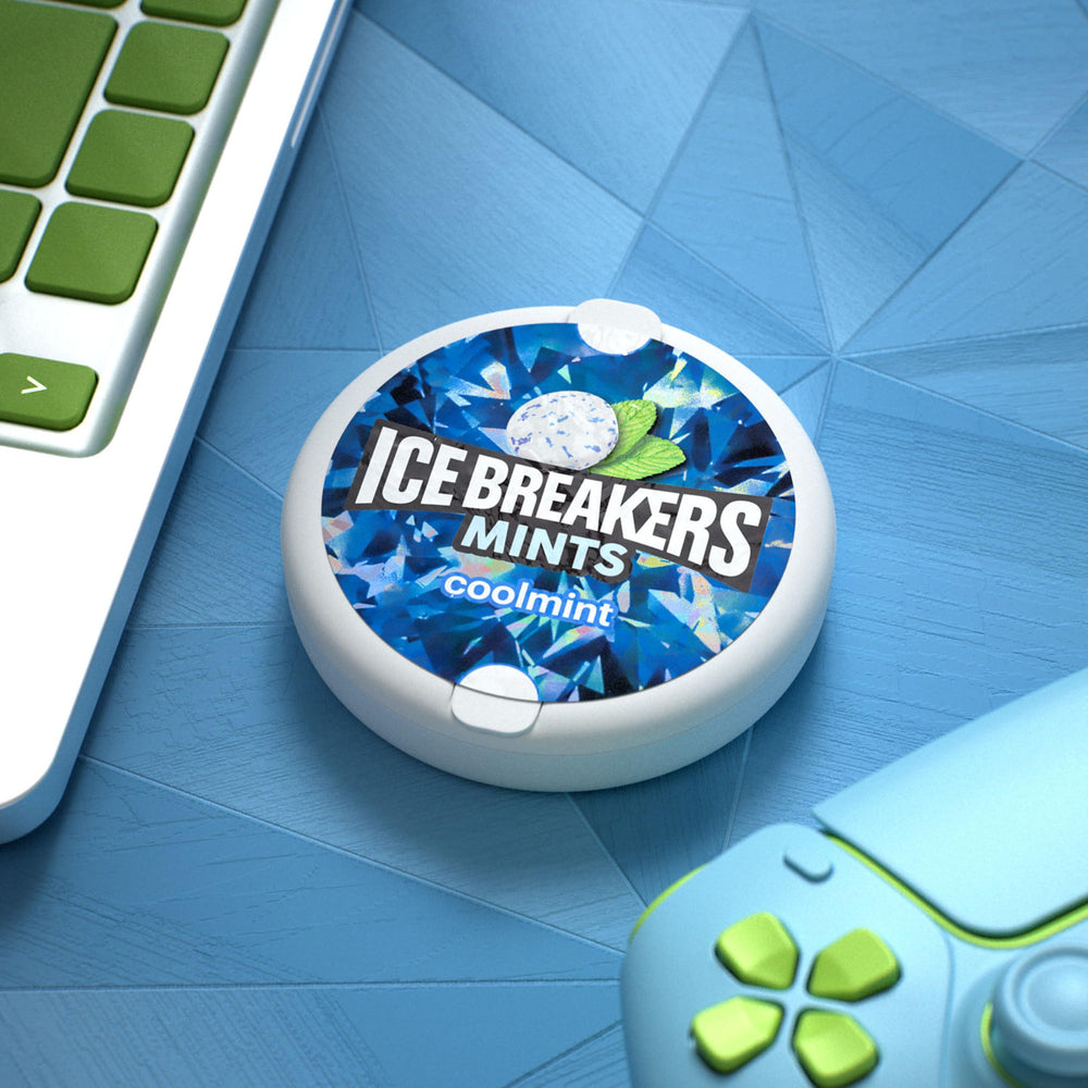 Ice Breakers coolmint tins stacked to display the eight-count multipack convenience