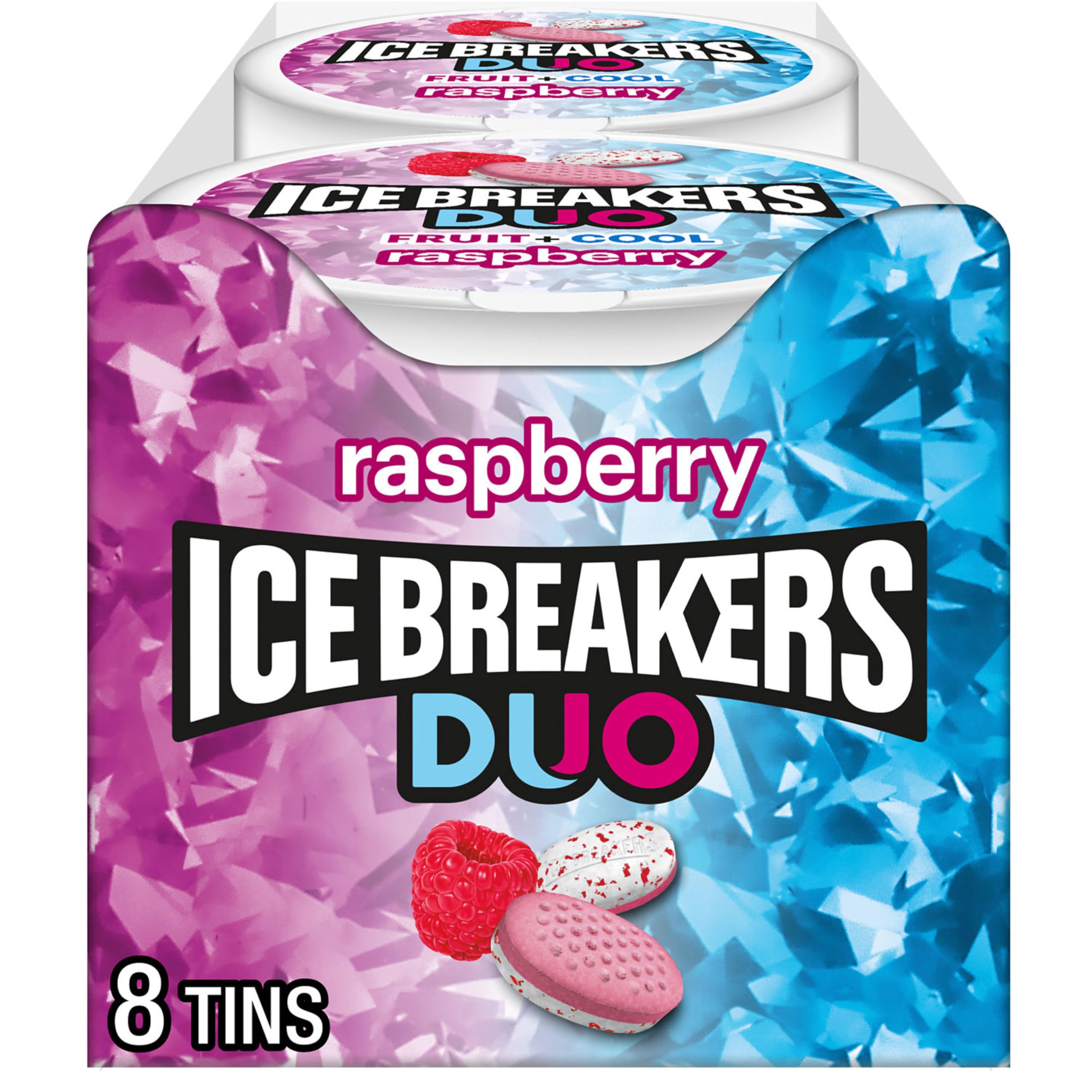 Ice Breakers Duo front tin showing raspberry-mint label and portable design benefit