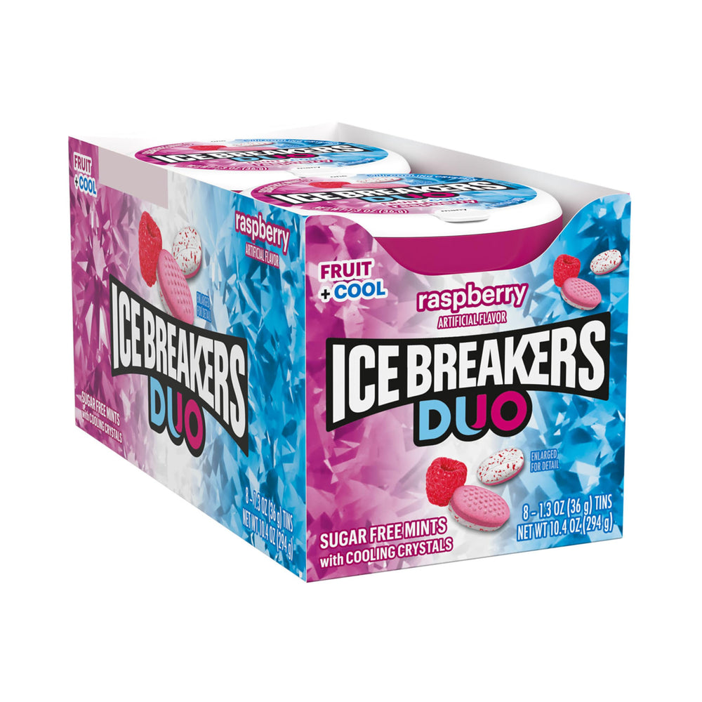 Ice Breakers Duo open tin revealing fruit-colored mints and easy access benefit