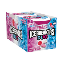 Ice Breakers Duo open tin revealing fruit-colored mints and easy access benefit