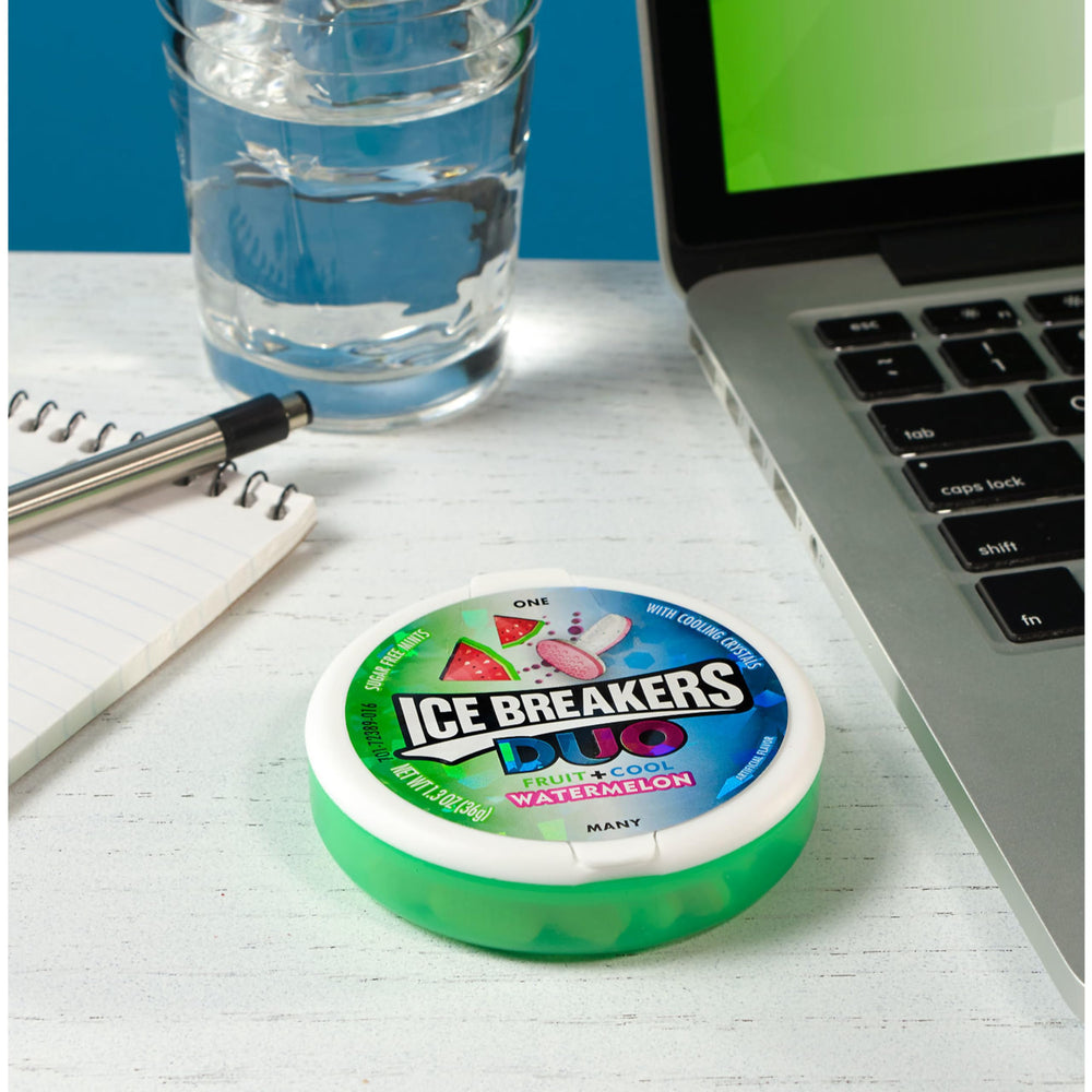 Ice Breakers Duo close-up of cooling crystals on mints showing refreshing texture benefit