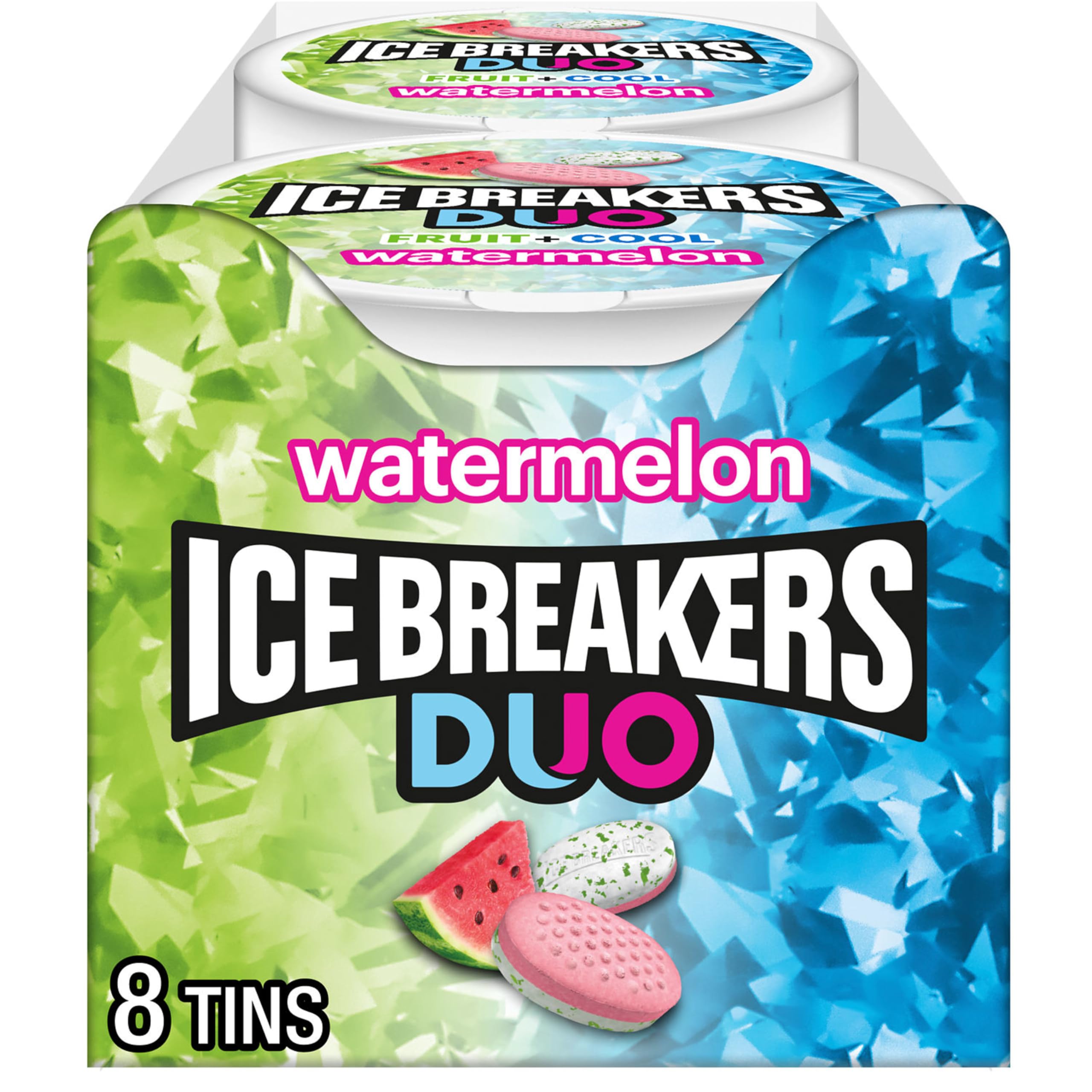 Ice Breakers Duo front tin showing watermelon label and portable design benefit