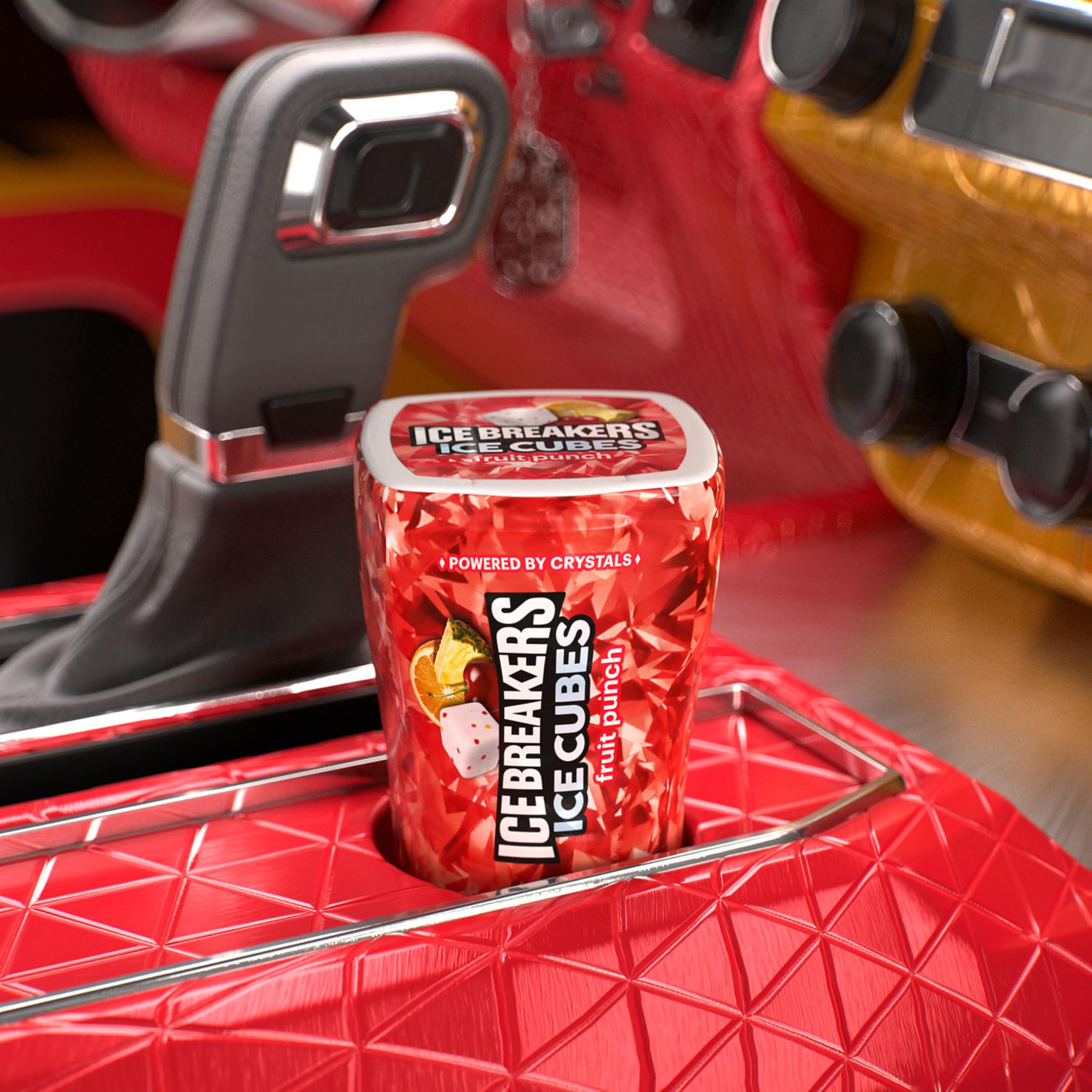 Ice Breakers bottle in a car cup holder demonstrating portable access and travel-friendly use