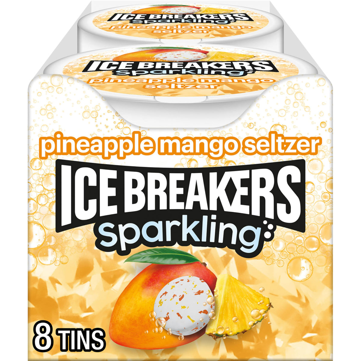 Ice Breakers front tin showing pineapple mango label and compact design for easy freshness