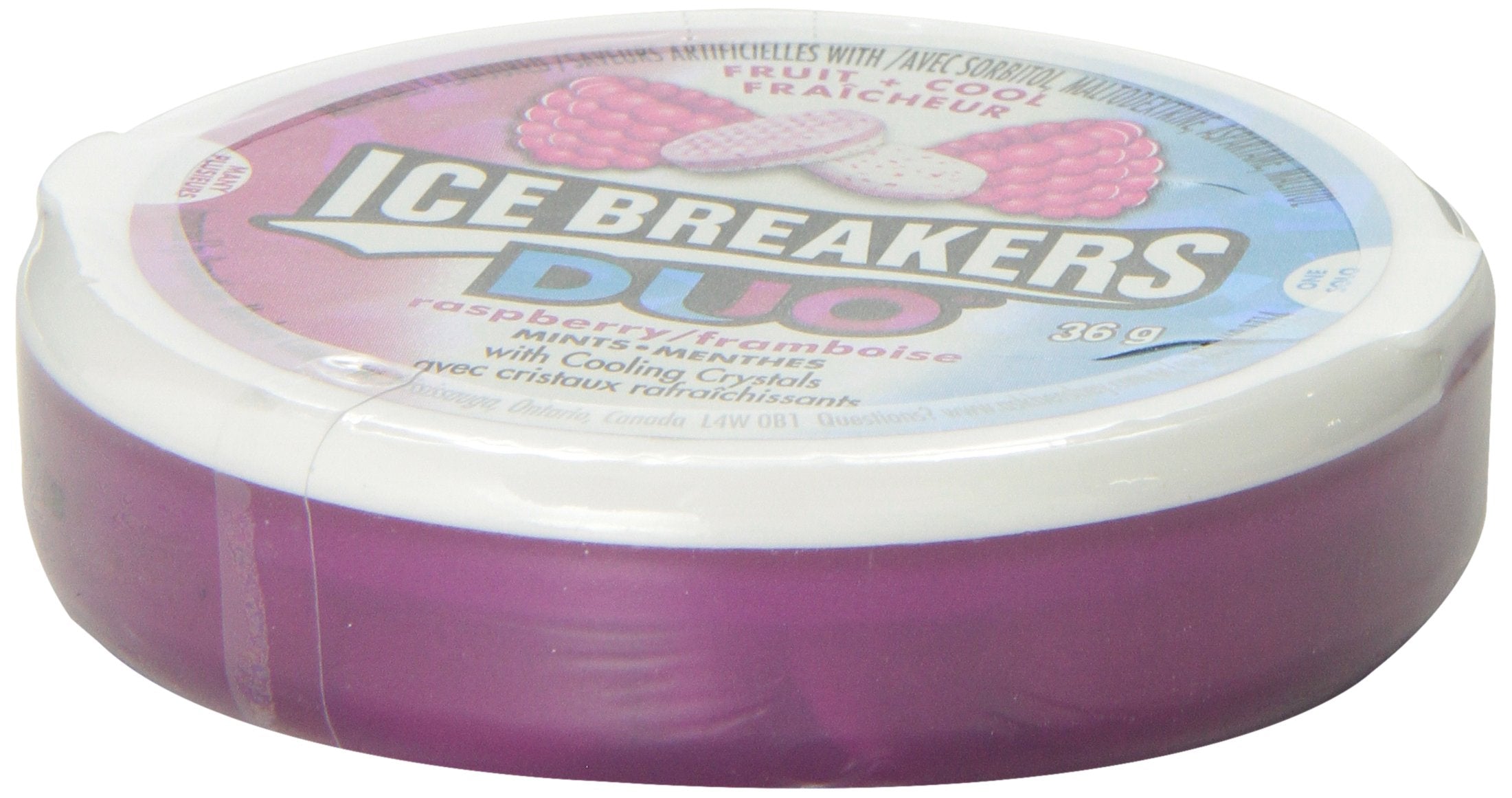 Ice Breakers raspberry-coated mint texture showing fruity layer and appealing finish