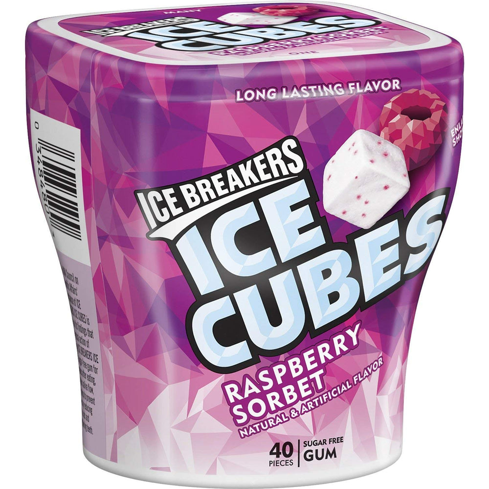 Ice Breakers front pack showing raspberry sorbet cubes and resealable container benefit convenience