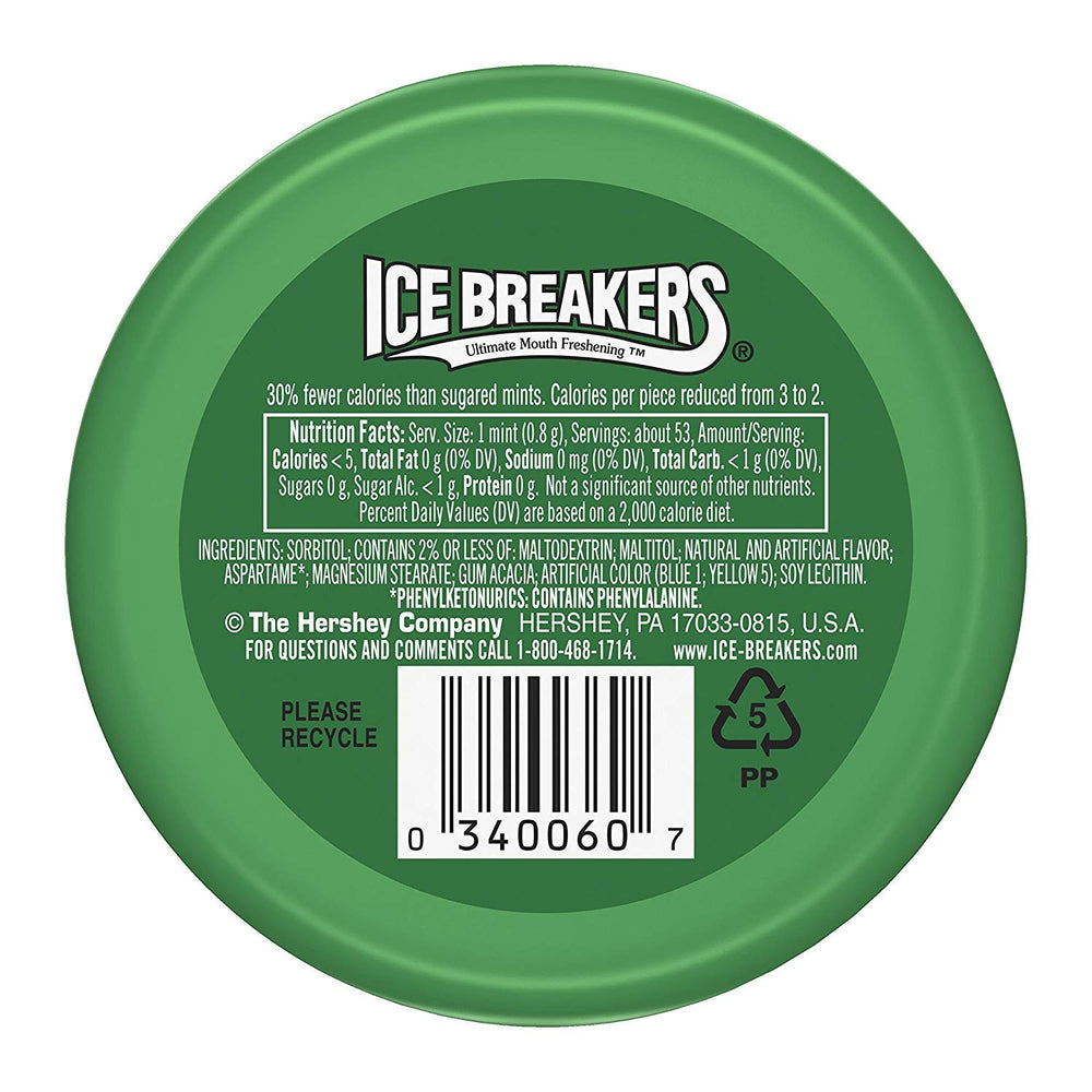 Ice Breakers opened puck top view displaying spearmint mints inside