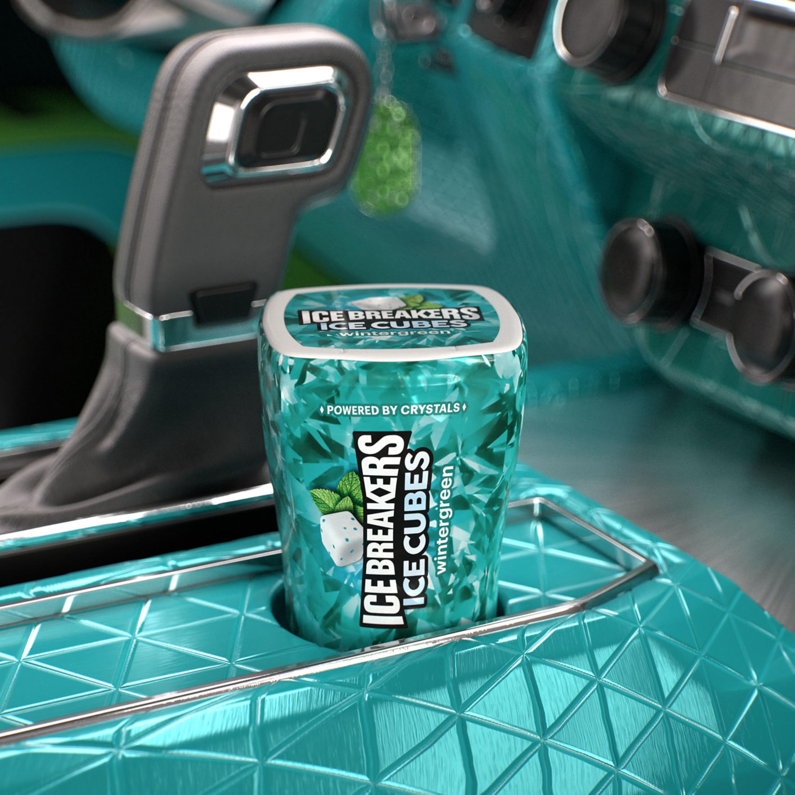 Ice Breakers bottle sitting in car cupholder for easy travel-friendly breath boosts
