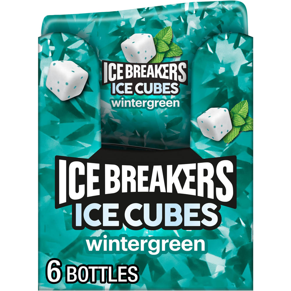 Ice Breakers front packaging showing six wintergreen gum bottles for convenient freshness