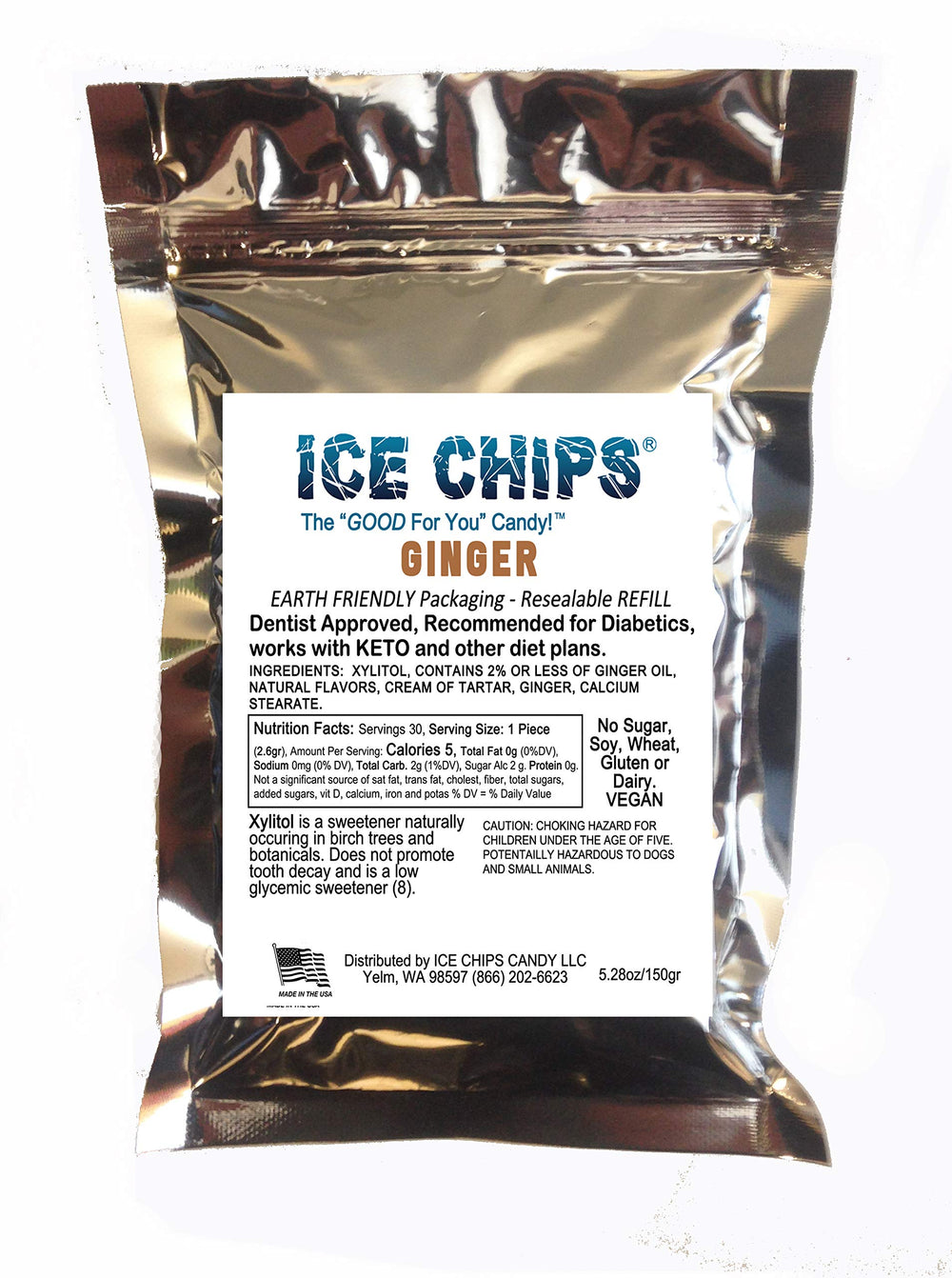ICE CHIPS ginger front pouch showing resealable bulk packaging and freshness