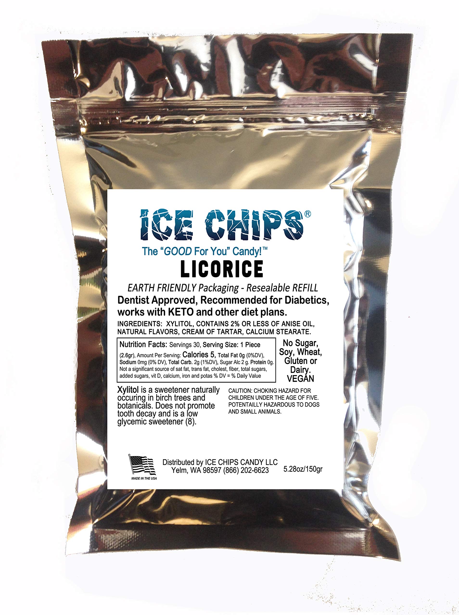 ICE CHIPS front pouch view showing licorice label and resealable top for convenience
