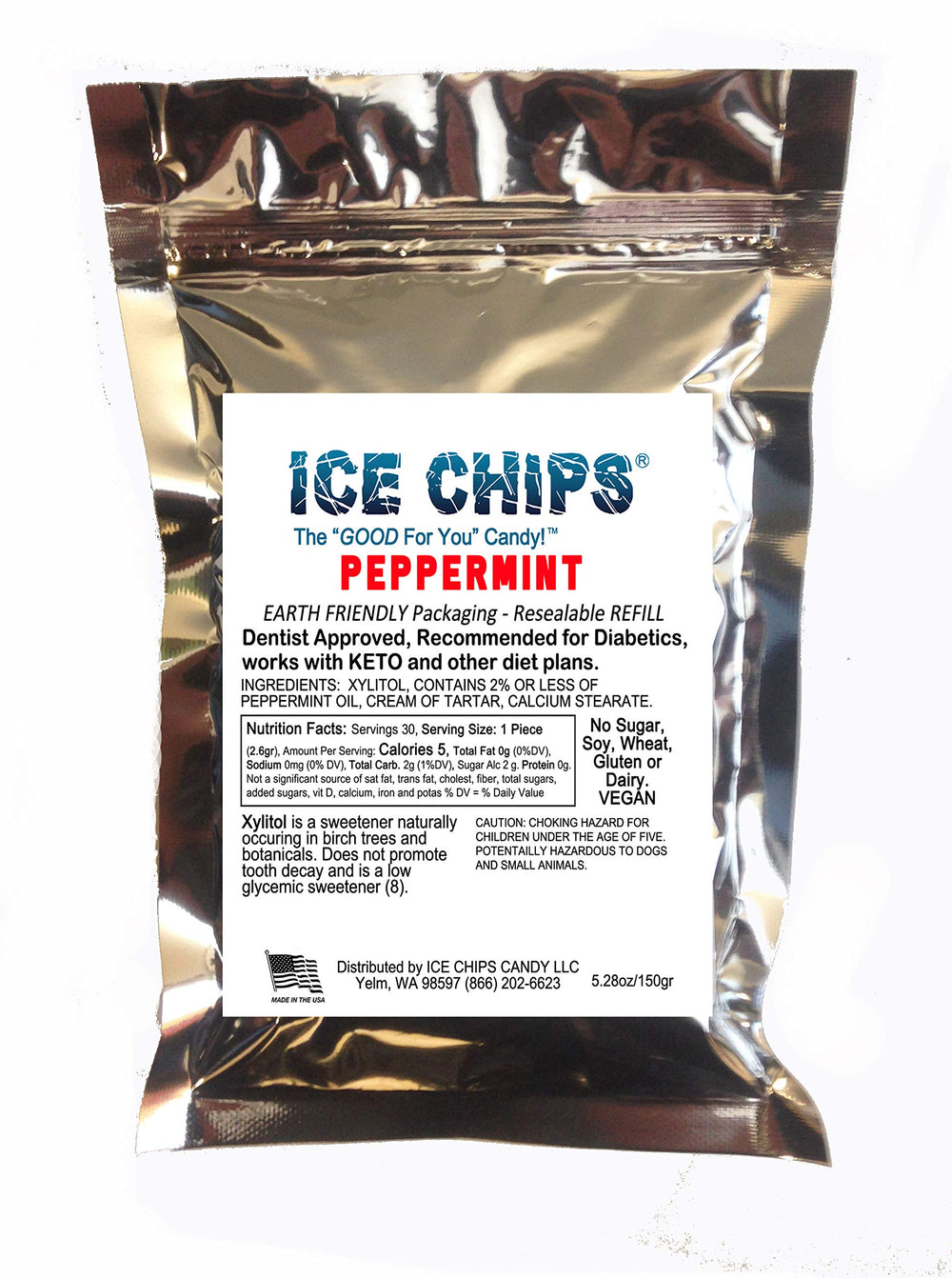 ICE CHIPS peppermint pouch front view showing resealable bag and branding for convenience