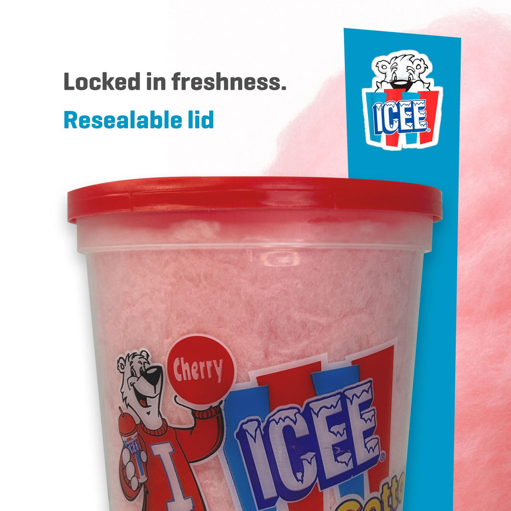 Icee cherry cotton candy close-up texture highlighting airy strands and melt-in-mouth benefit