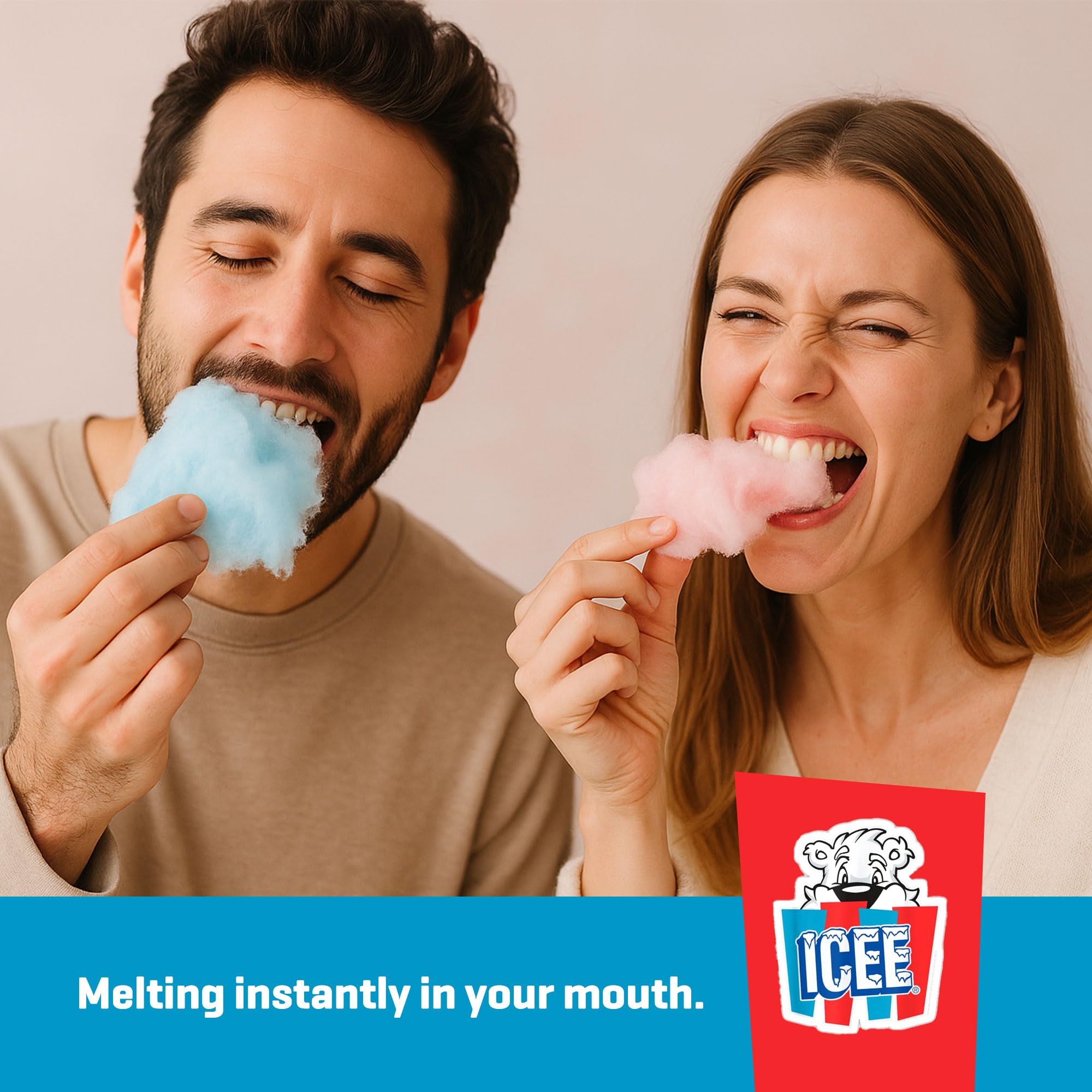 Icee cherry cotton candy held in hand to show 5-ounce size and easy sharing benefit