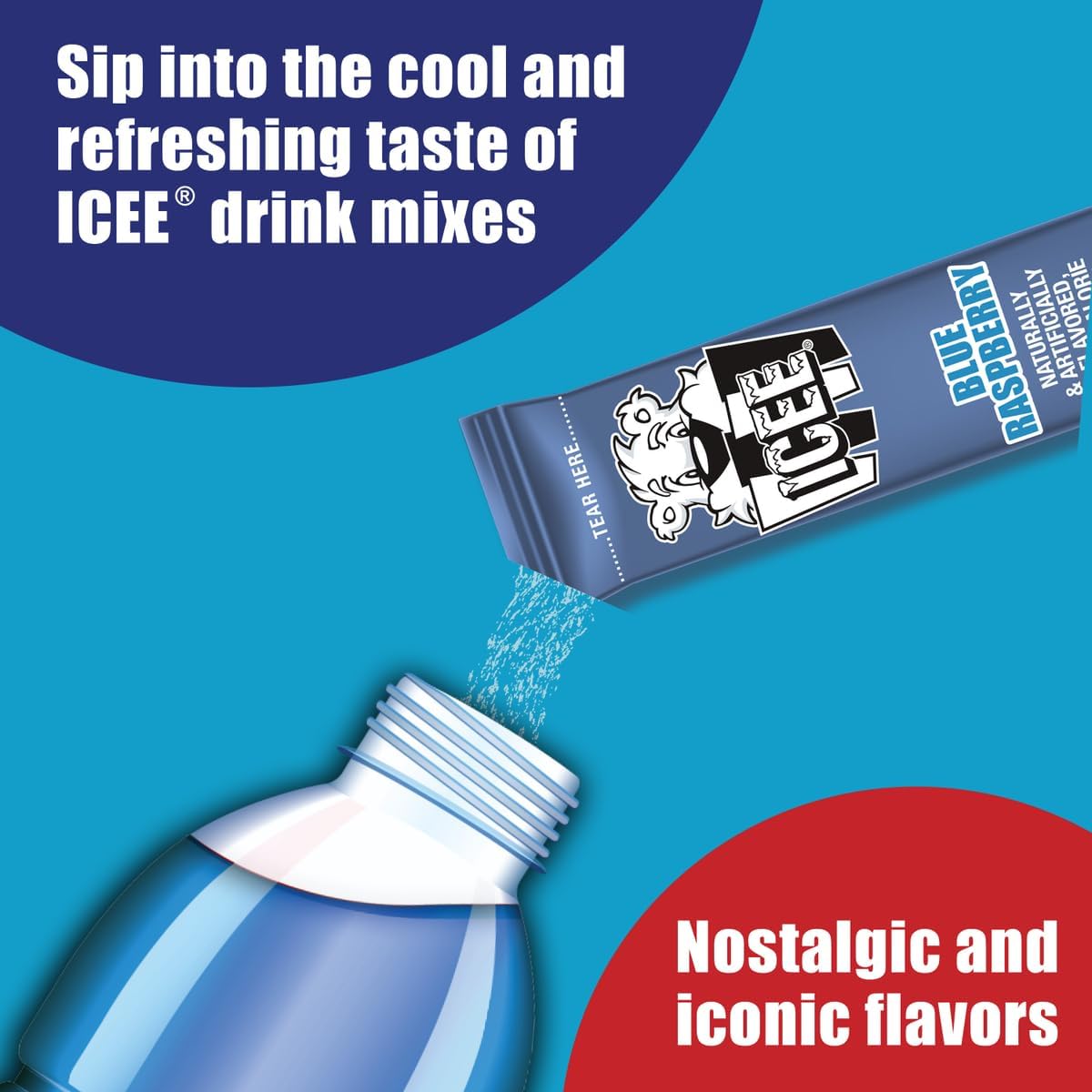 ICEE stick pouring into water showing fast dissolving and convenience