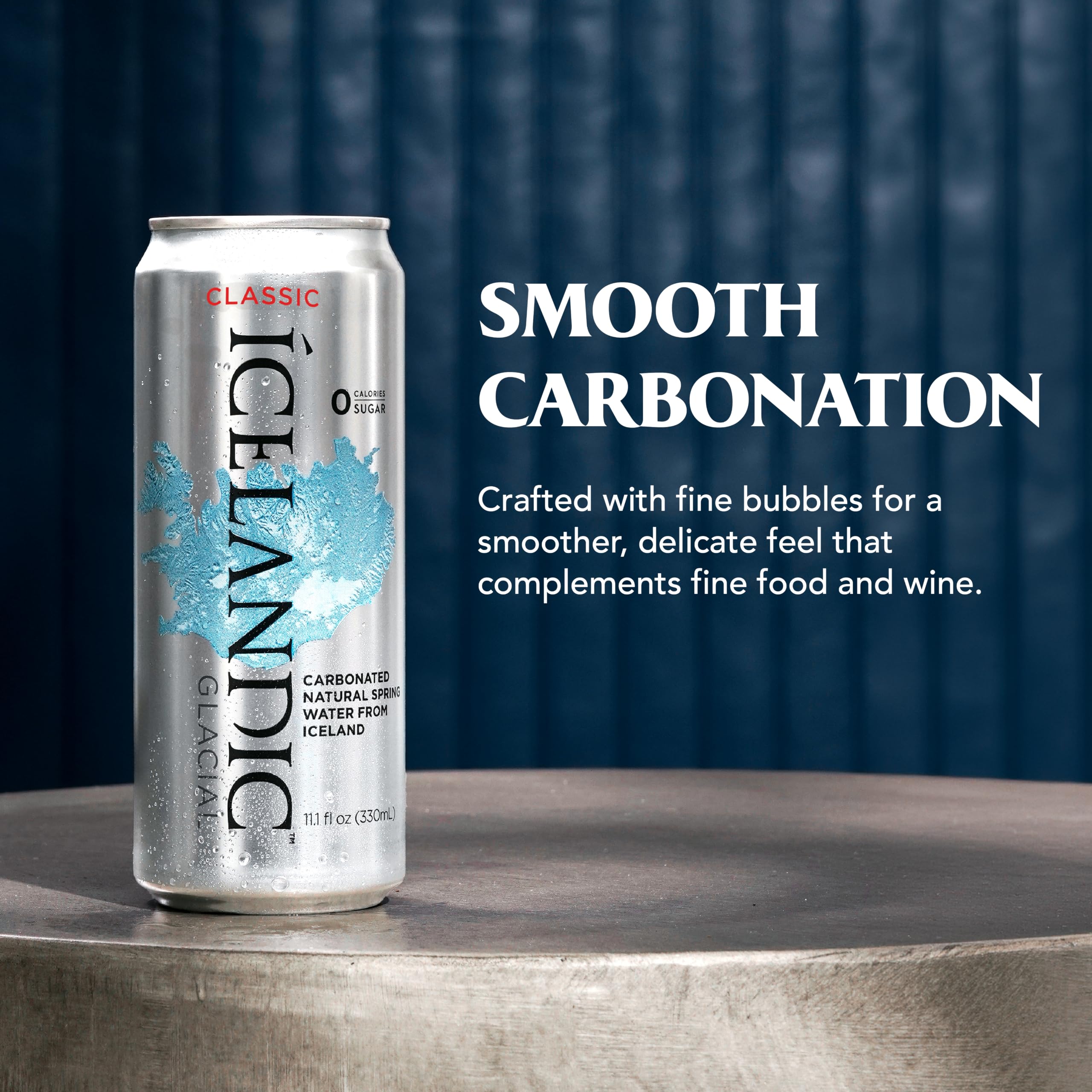 Icelandic Glacial can open pouring into glass to show easy single-serve convenience
