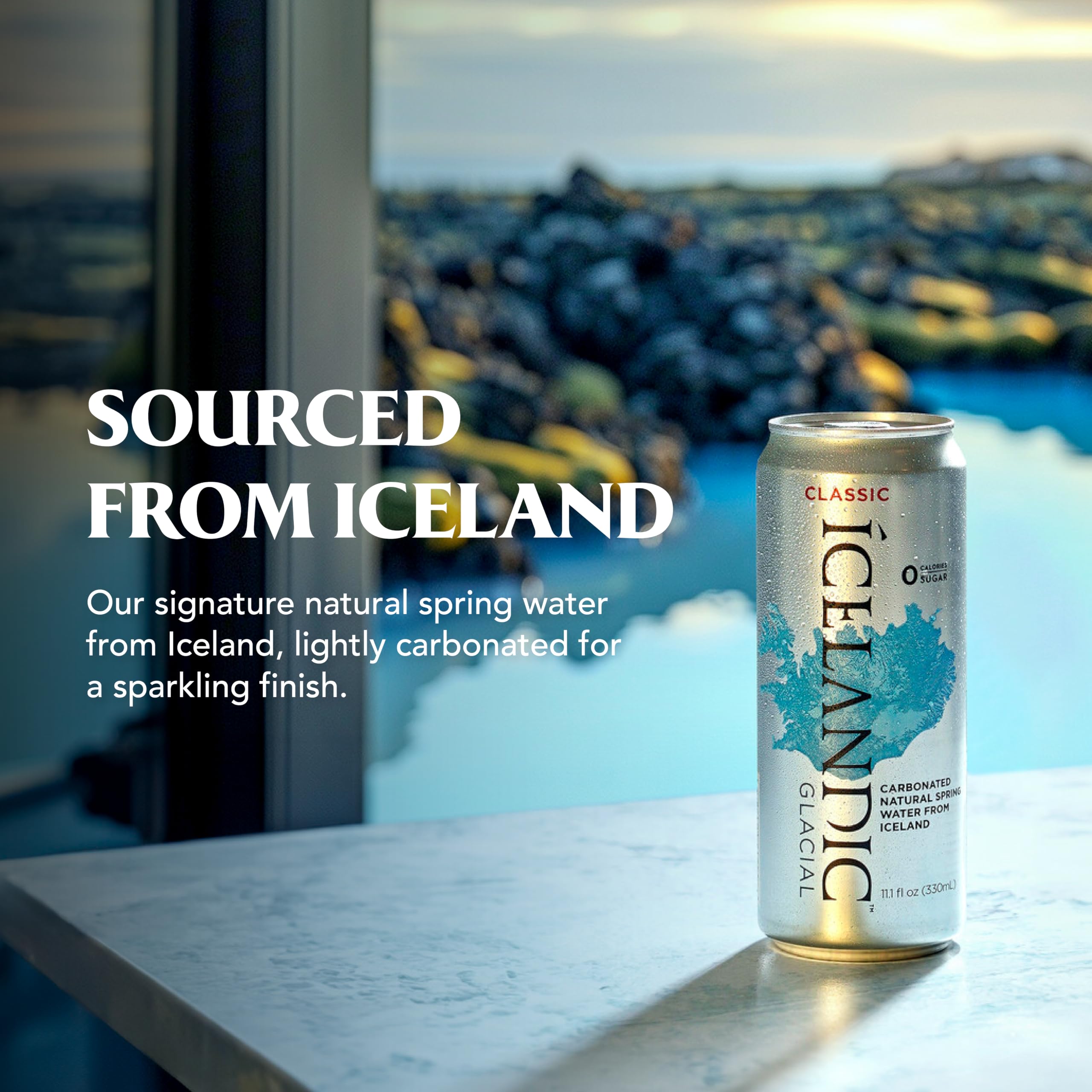 Icelandic Glacial close-up of bubbles illustrating gentle carbonation and clean mouthfeel